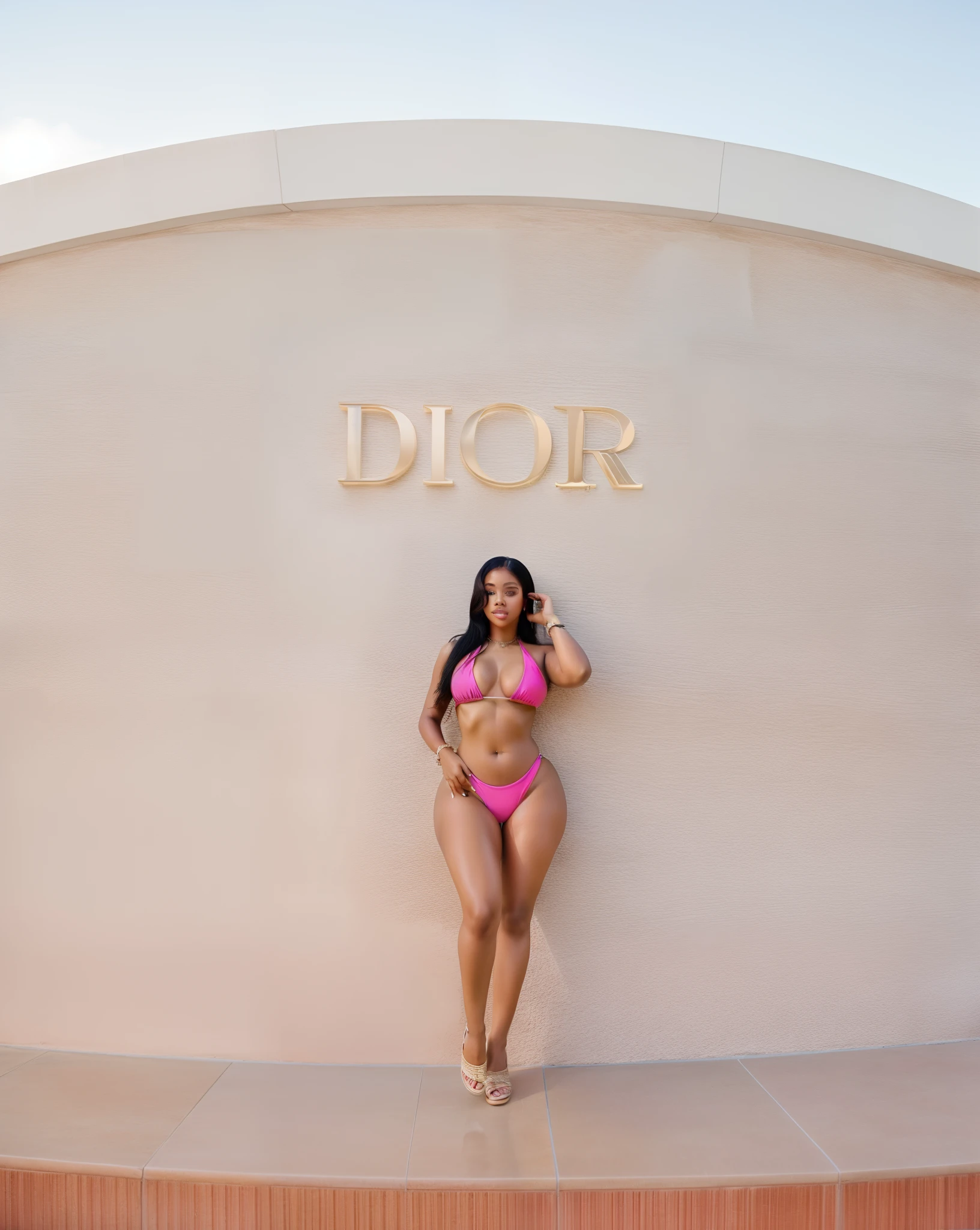 8K RAW photo, high resolution, 21 year old cool, arafed woman in a bikini posing in front of a wall, nicki minaj curvy, full body shot in bikini, wearing two - pink piece swimsuit, dark skinned, by Robbie Trevino, demi rose, poolside, on a large marble wall, bikini model, shot on 85mm, by Alexander Fedosav, by Briana Mora, dior campaign, dark skin, rihanna, cardi b curvy, ultra tinny waist