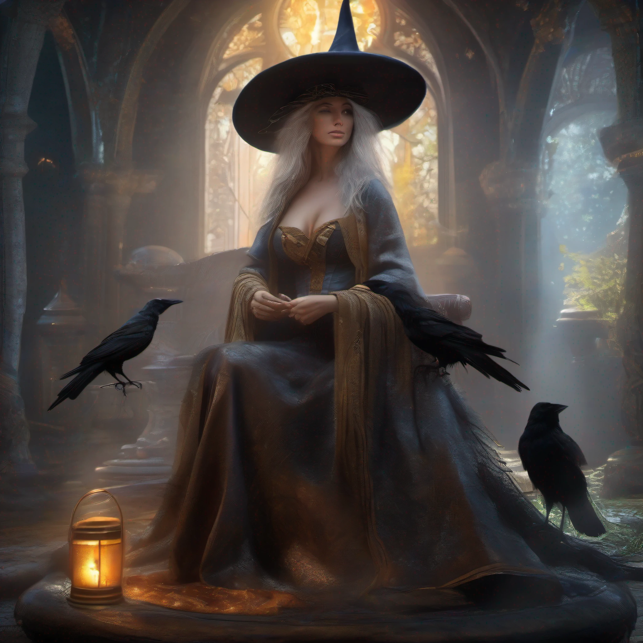 sorceress woman,Witch hat,An old witch sits in a Kadilau chair in the background,She was holding a Soniste crow ,tmasterpiece,darkly,light and shadow effect,film effect,(((the detail)))k hd,Super detail, Textured skin, 8K,Magnificent, Celestial, Ethereal, painting of a, Epic, Majestic, magical, Fantasy art, Cover art, Dreamy