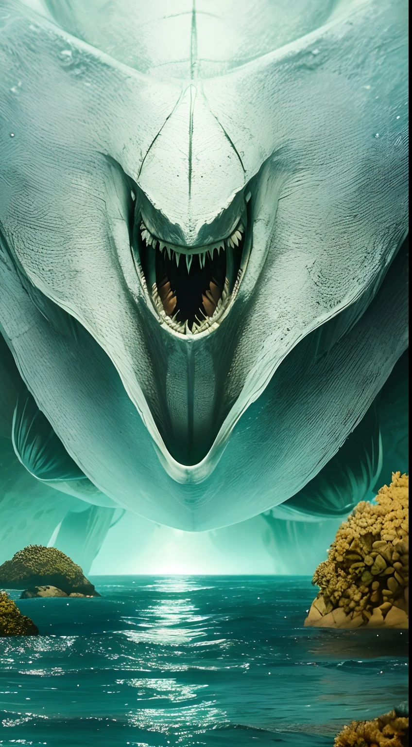 Under the shroud of nuclear contamination, Marine life around the world began to mutate, Transform into a monster form. The entire picture is covered in fluorescent green tones, Symbolizes nuclear radiation. Light shines down from the surface of the water, The bizarre shapes that illuminate these mutant creatures. The picture has a wide depth of field, The endless ocean is filled with the figures of these monsters, Form a big picture.,Kunxing Magazine, --auto