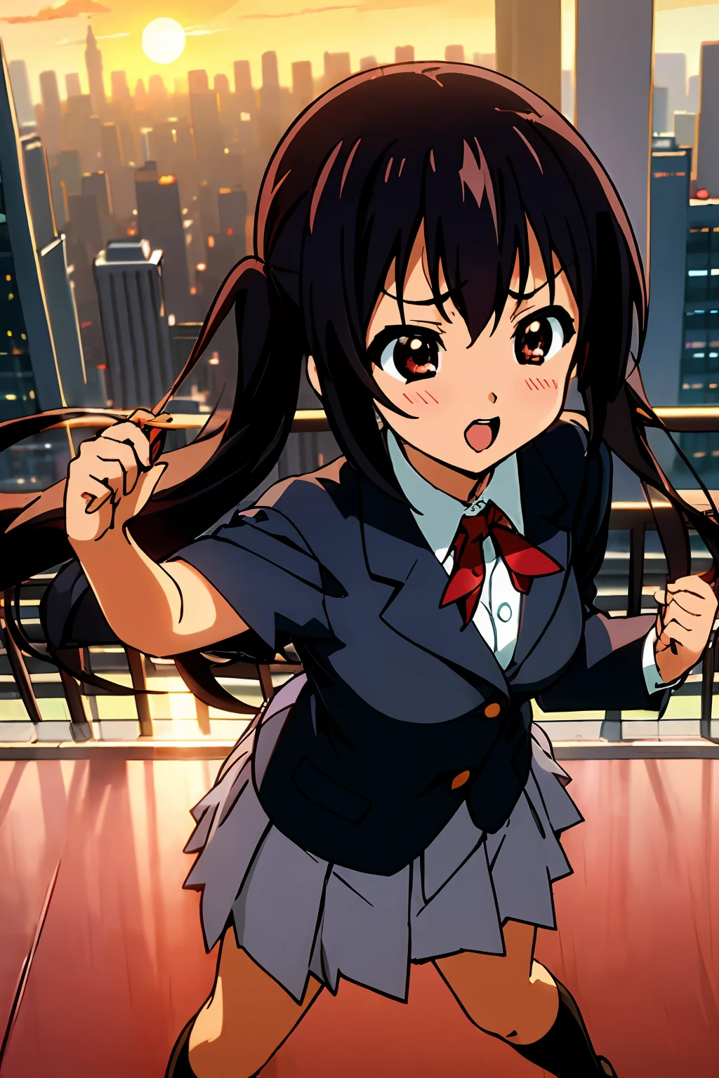 1girl, ((((Masterpiece))), Best Quality, Best Quality, High Detail, Azusa Nakano, 1girl, Sakuragaoka High School Uniform, Musical Instrument, School Uniform, Twin Tails, Long Hair, Black Hair, Brown Eyes, Solo, Red, Dark blue blazer with a thin ribbon of red, Solid white button shirt under blazer, Illustration, Cartoon, Soothing tones, Muted colors, Soft cinematic light, Adobe Lightroom, Photo Lab, HDR, complex and highly detailed, (((depth of field))))). (((Masterpiece))). (((highest quality))).) ((super detail))). (((Illustration))). (((Room))). (((fighting stance))).,dynamic focus.small breasts. (((Face of sadness))). Open mouth.Spread your arms.Stretch your chest.Sit down.