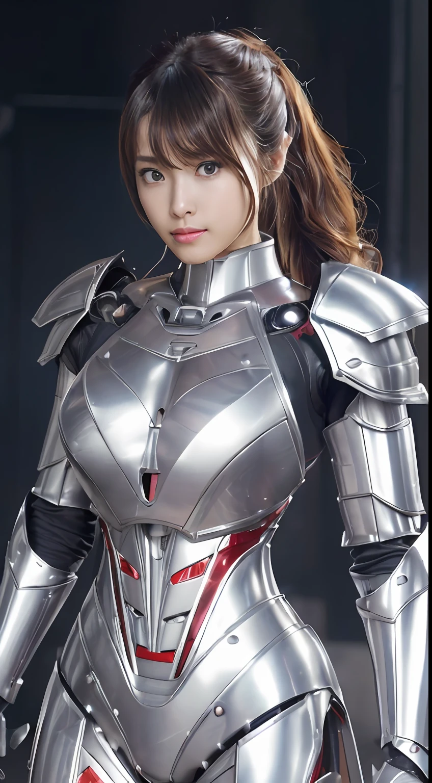Left and right symmetrical eyes、Eyes with good balance between left and right、((top-quality:1.4、8K、32K、nffsw:1.3))、(unparalleled masterpiece ever)、(Photorealsitic:1.4)、Real 1.2、((Raw photography、真实感:1.6))、1girl in、Japanese teenage girl、with round face、a baby face、Young Face、Pretty Face、(((silber hair、The long-haired、High Up Ponytail)))、Complex mechanical armor、Armor of complex machines、Intricate details、(Realistic metallic glow、Caustics、Reflectors)、Red Cybersuit、((Mechanical Full Armor、neons:1.3))、(Fiber optic body:1.5)、Mecha Wood、Mechanical parts、Single robot arm、Mechanical Hero、Metal Hero、Complex mechanical tights、mecha corset、(((fully armoured、Large sturdy shoulder armor、Heavy-duty chest armor、full armor)))、((Silver and red body))、Metal heroine、perfectly proportions、(((deep v neck、Accentuated cleavage、Woman with perfect style、Sensual body lines:1.5、Colossal tits:1.4、Overhanging udder:1.4、sideboob barbosa)))、combat style、Combat Poses、Wield a giant sword、Battle poses are automatically generated、Background with(Futuristic city)、Abandoned buildings