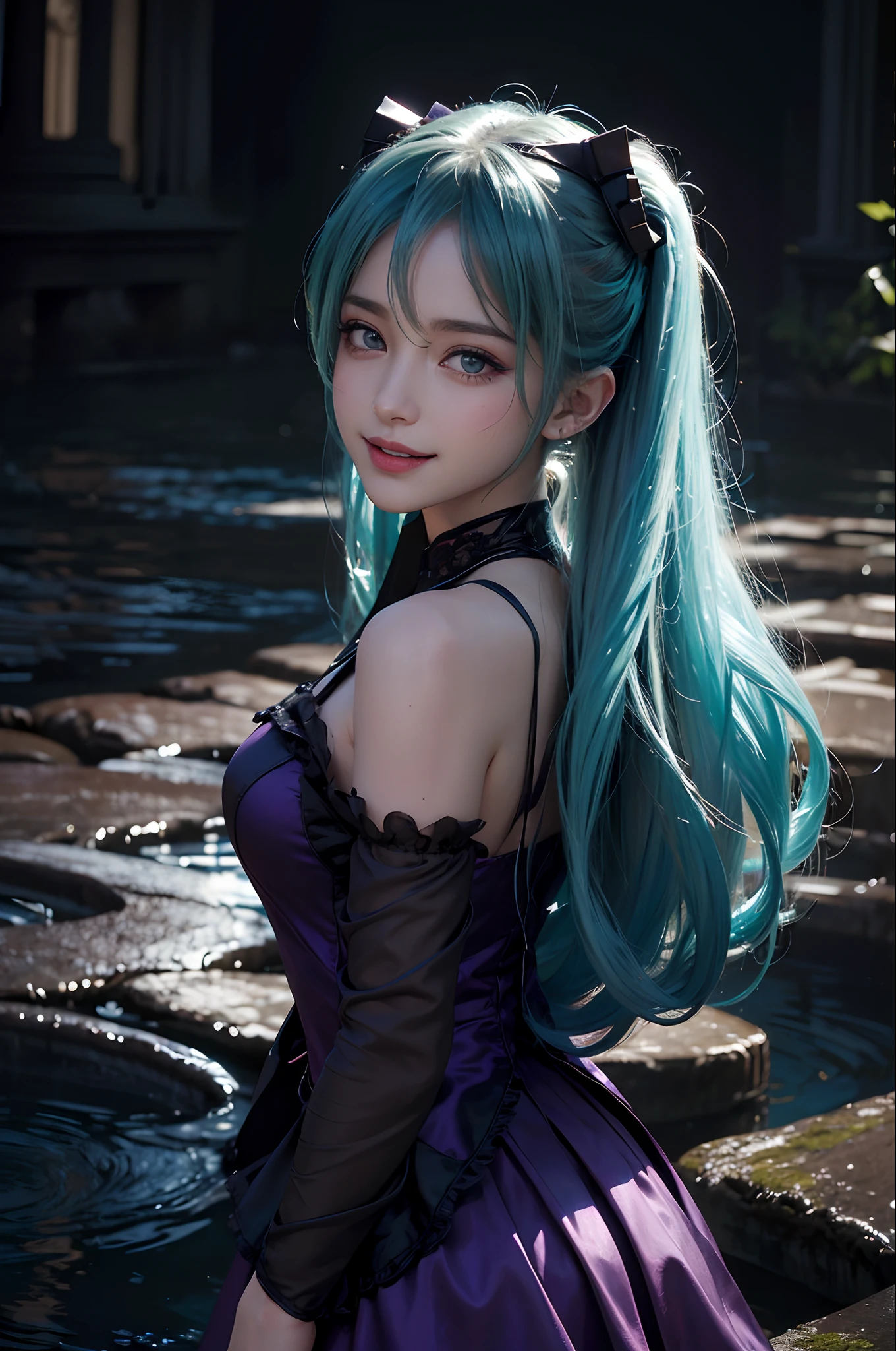 (hatsune miku charakter), tosca hair color, long twin tail hair with pony, looking at the view, eyes on the view, smile (big smile), (open mouth), full body photo, 21 years old girl, perfect body, perfect anatomy, tosca eye color, double eyelids, huge breasts, Highly detailed skin texture, (Realistic skin), Ultra-Detailed Face, Detailed Lips, Detailed Eyes, Double Eyelids, nacklaces, wet skin, wet hair, (((simple background))), (front focus), (in the dark:1.6), deep dark, Hyperrealist portrait of female by david hockney and alphonse mucha, fantasy art, photo realistic, dynamic pose, dynamic lighting, artstation, poster, volumetric lighting, very detailed faces, 4 k, in the dark, deep shadow, low key, cowboy shot, (purple dress color), luxury satin dress, lighting dress full body photo