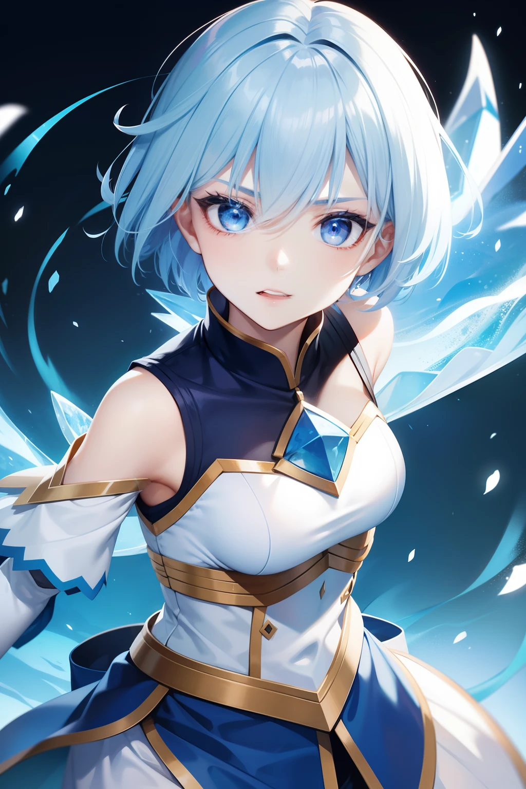 Short-haired warrior with blue eyes and warrior handling ice magic、in fighting、femele