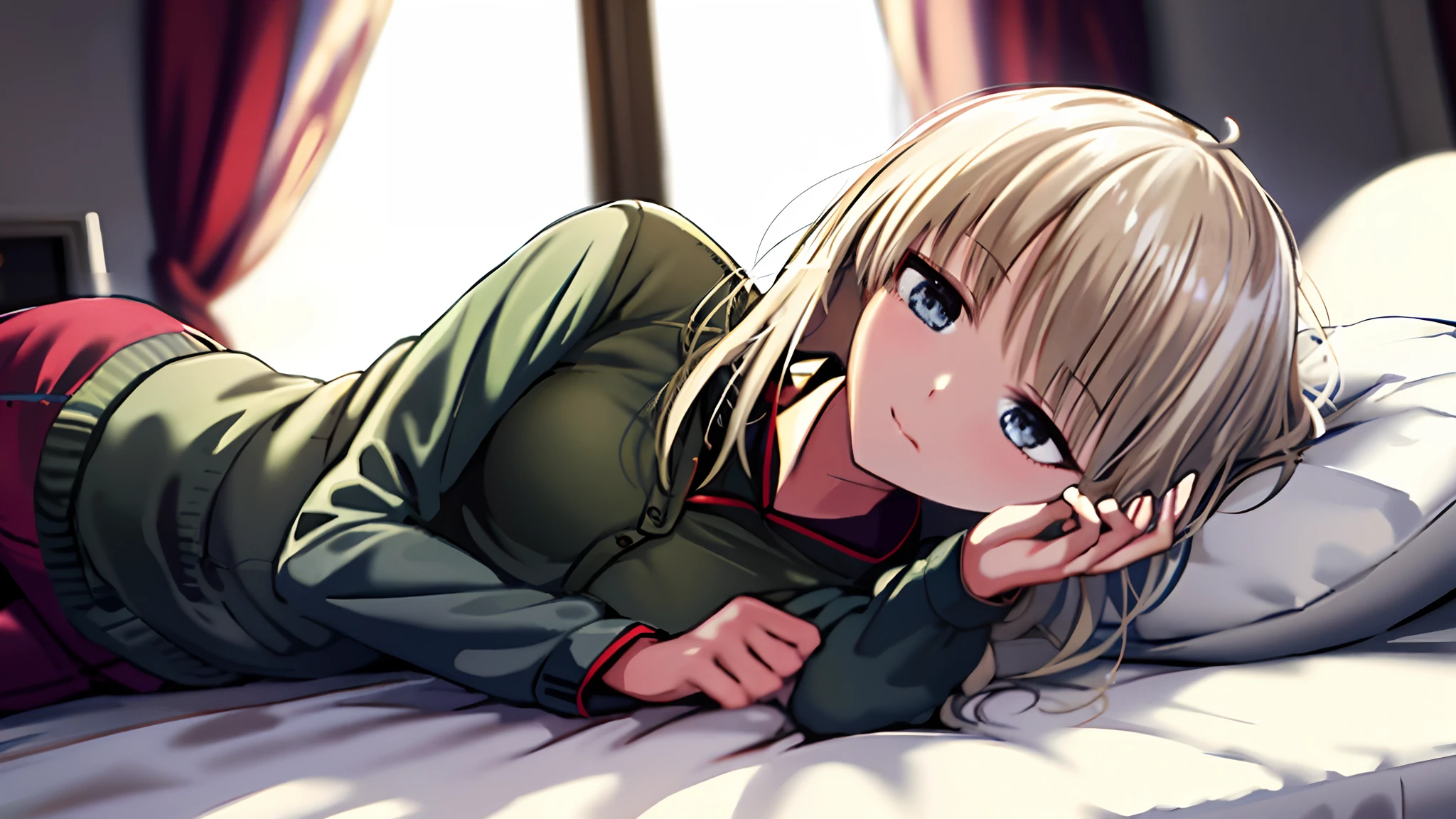 4k, realistic, carismatic, very detail, there is a girl on bed, wearing pajama, she is sleepy, white theme, full body, pantyhose