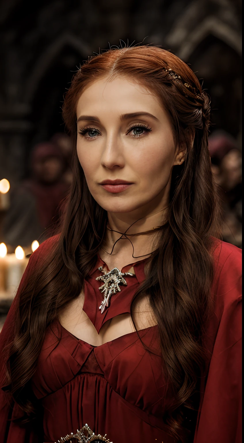 Foto RAW, Melisandre, PLAYED BY CARICE VAN HOUTEN, A Red Priestess from Asshai, Melisandre worships the Lord of Light. She believes her visions will lead her to the true king of Westeros, Game of Thrones Series, (pele altamente detalhada: 1.2), 8k UHD, DSLR, soft-lighting, alta qualidade, grain of film, Fujifilm XT3