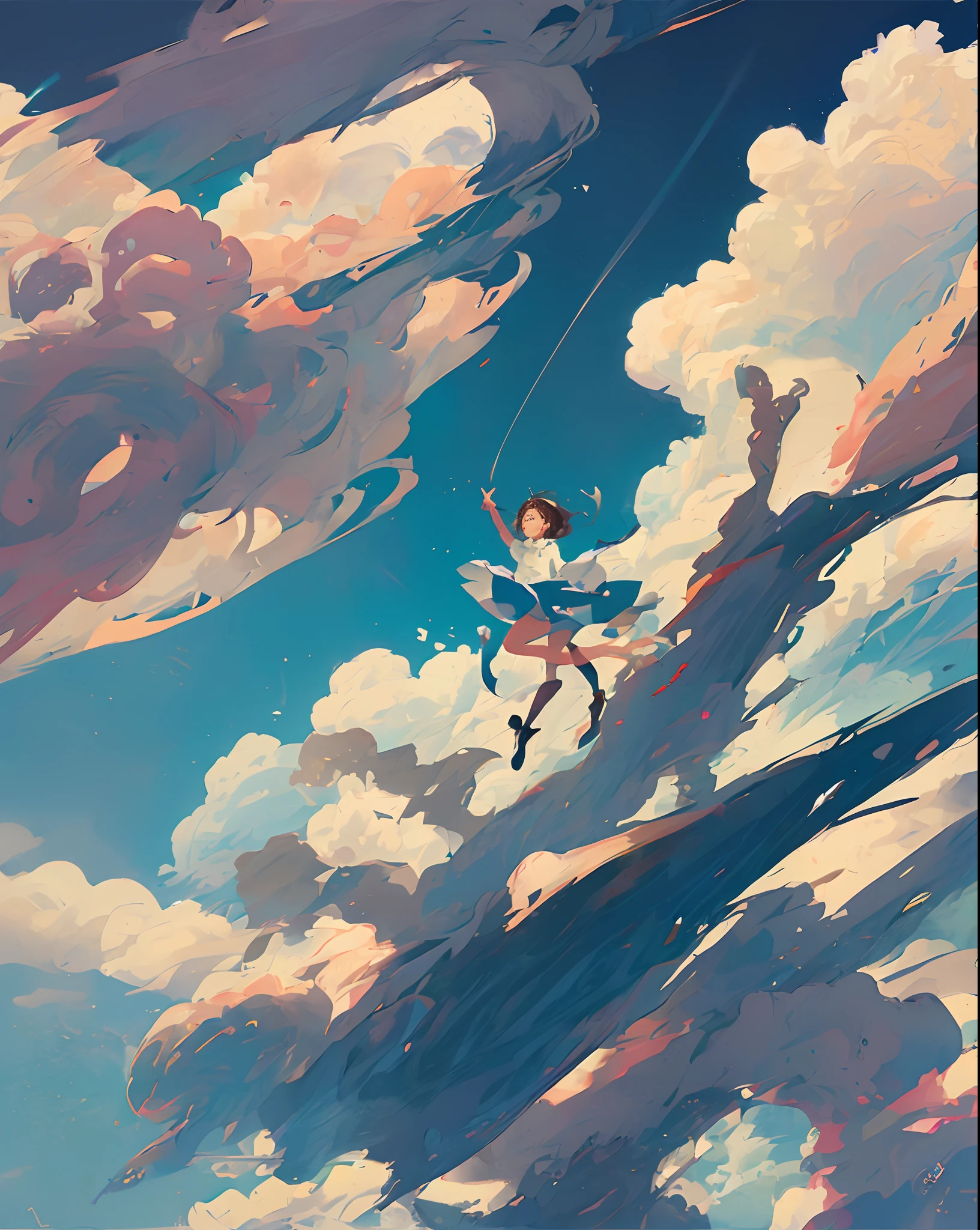 Child girl flying in the clouds like a dream style children's drawing