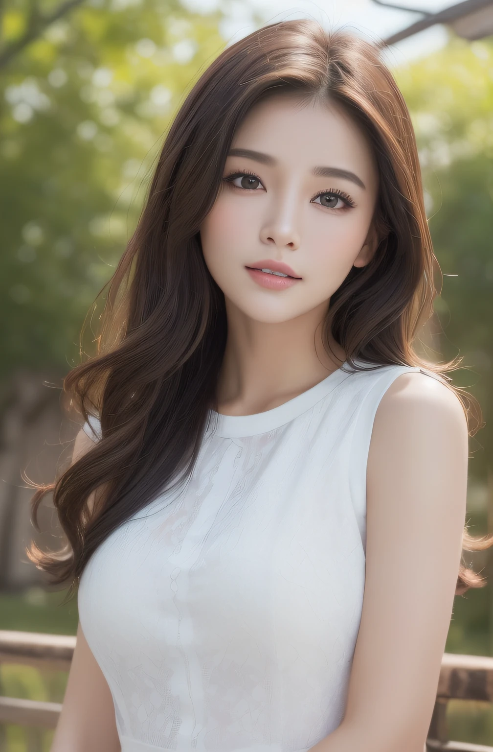 ((best qualtiy、8K masterpiece:1.3))、foco nítido:1.2、(ultra beautiful faces:1.0)、(shiny skins:1.0)、Photos realistic、brunette color hair、Video lighting、High-definition eyes and face、Video lighting、(cow boy shot:1.3)、(Korean cute actress)、From the front side、Medium large breasts、ssmile、Sleeveless、In a white blouse shirt