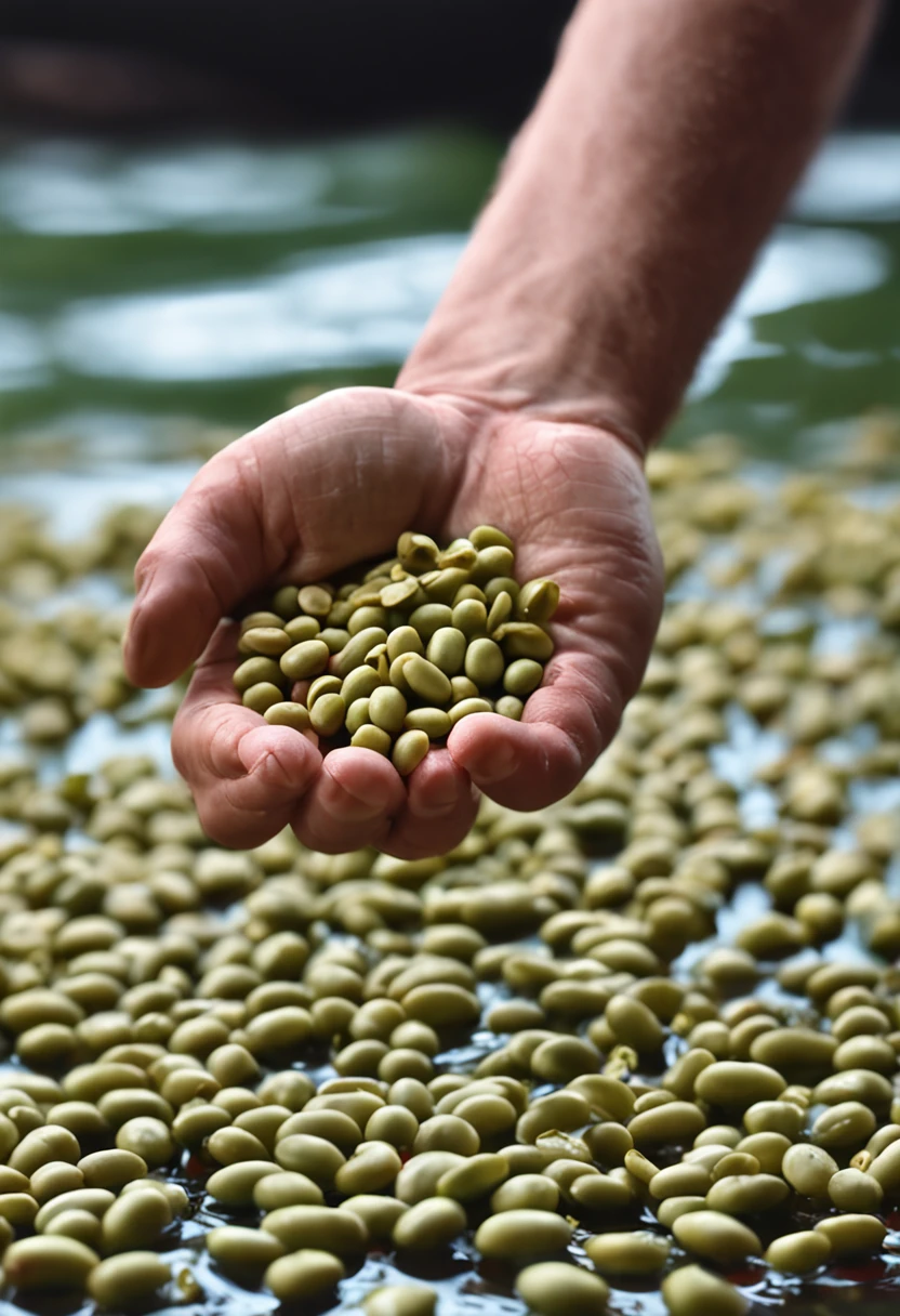 Grabbing soybeans with one hand,Spilled on the water