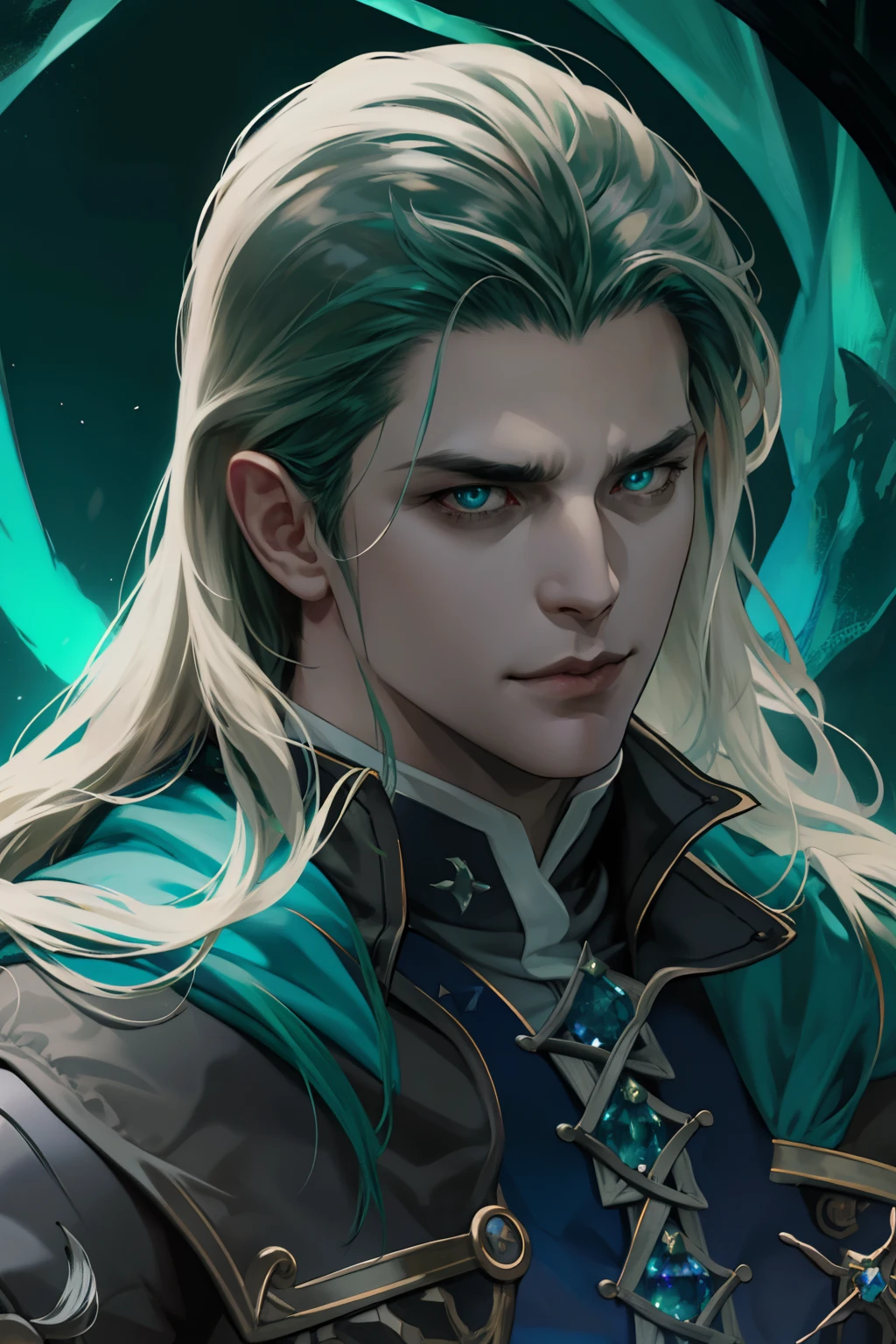 Castlevania Lord of the Shadows hyper realistic super detailed face portrait zoom hyper realistic super detailed glowing crystal eyes green bright
