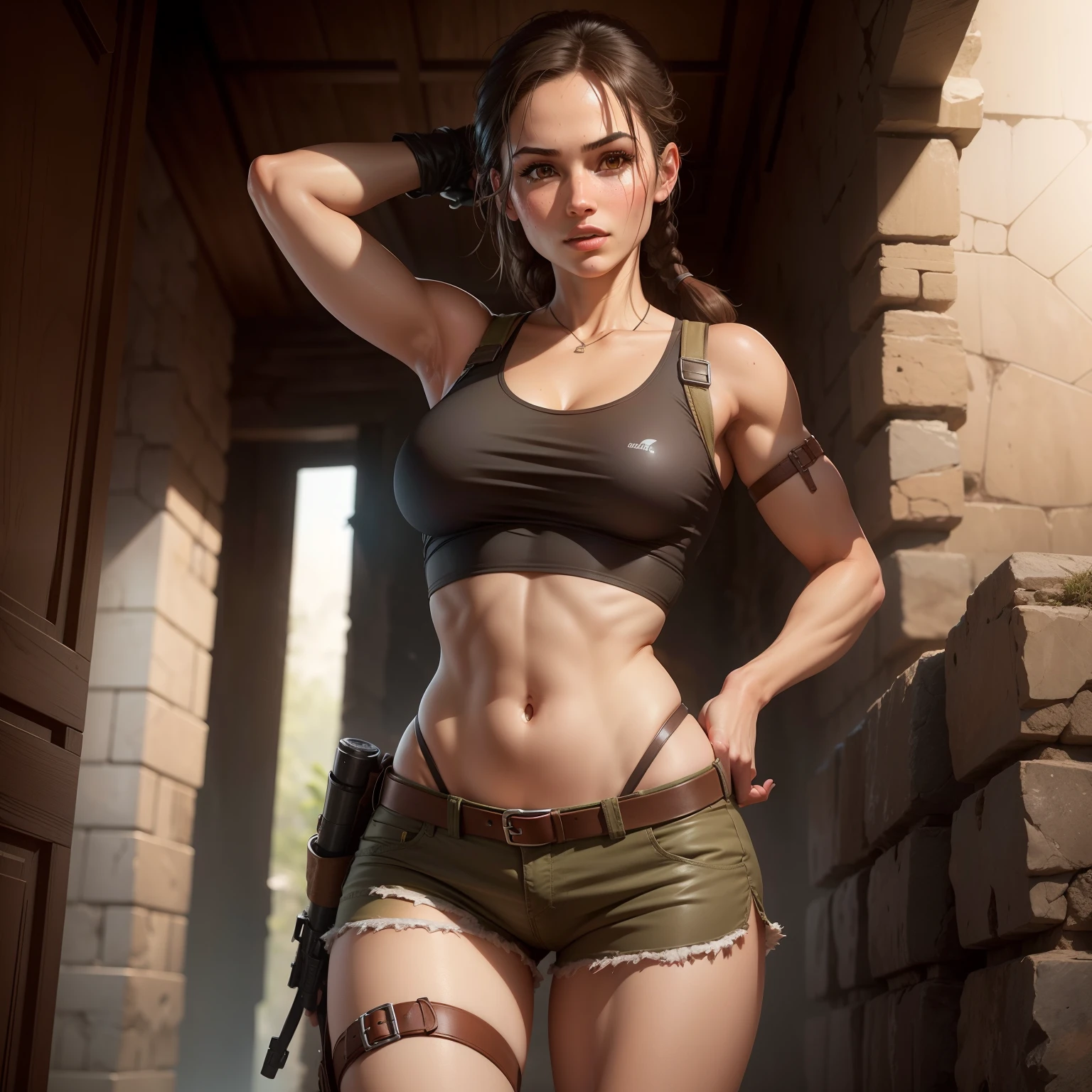 One girl, lara croft from tomb raider, short clothes, sexy, beautiful body