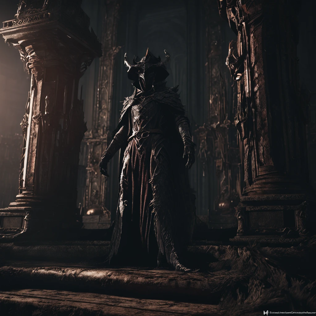 Two demons stood at the steps guarding the gates of Hell in a dark room, bloodborne style, demonic robes, screenshot from bloodborne, (octane render) fantasy style, bloodborne cathedral, stuning fantasy 3 d render, bloodborne concept art, unreal engine fantasy art, unreal engine render + a goddess, bloodborne art, from software game, elegant cinematic fantasy art