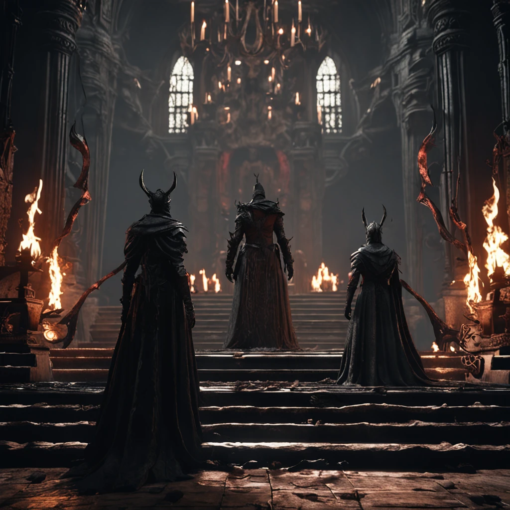 Two demons stood at the steps guarding the gates of Hell in a dark room, bloodborne style, demonic robes, screenshot from bloodborne, (octane render) fantasy style, bloodborne cathedral, stuning fantasy 3 d render, bloodborne concept art, unreal engine fantasy art, unreal engine render + a goddess, bloodborne art, from software game, elegant cinematic fantasy art