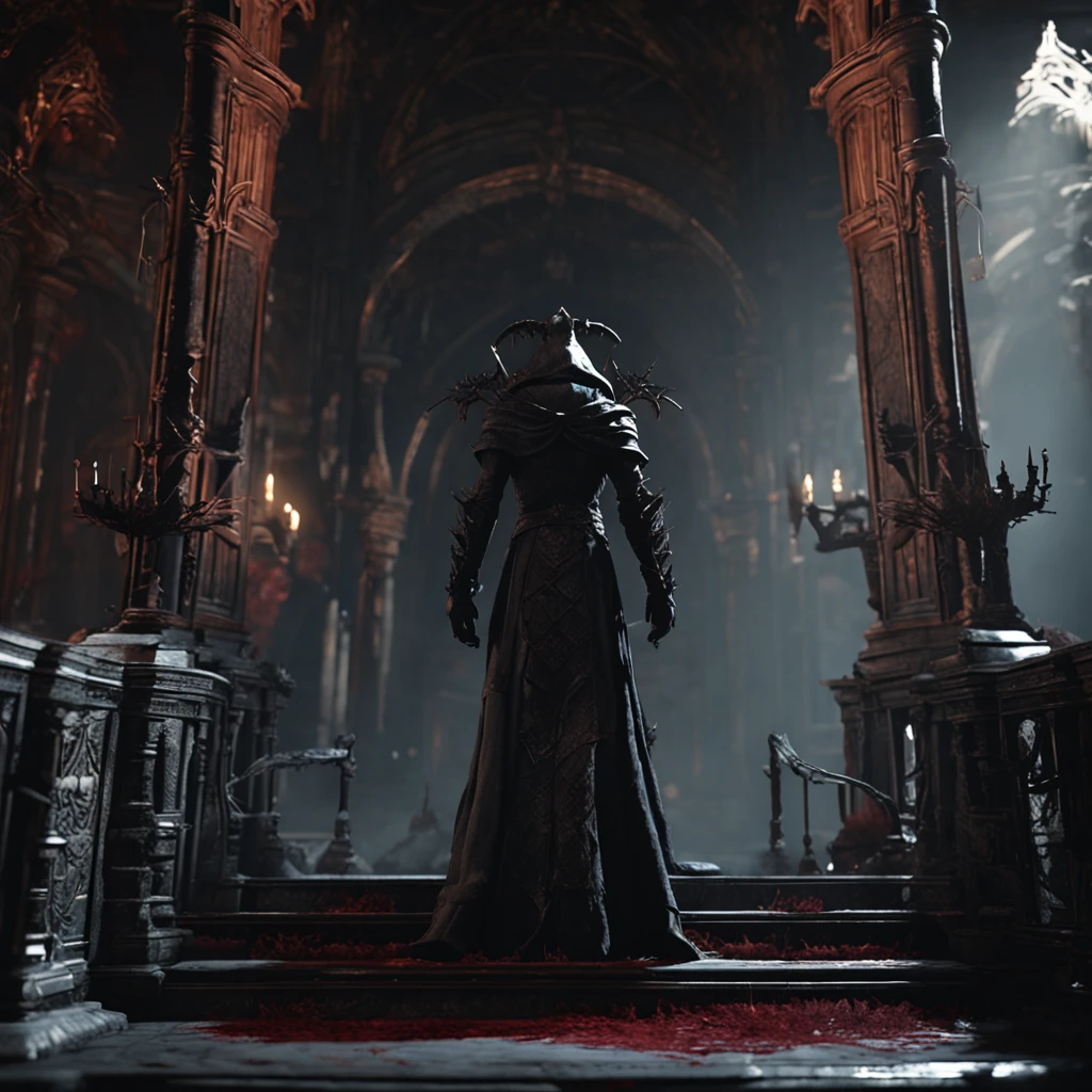 Two demons stood at the steps guarding the gates of Hell in a dark room, bloodborne style, demonic robes, screenshot from bloodborne, (octane render) fantasy style, bloodborne cathedral, stuning fantasy 3 d render, bloodborne concept art, unreal engine fantasy art, unreal engine render + a goddess, bloodborne art, from software game, elegant cinematic fantasy art