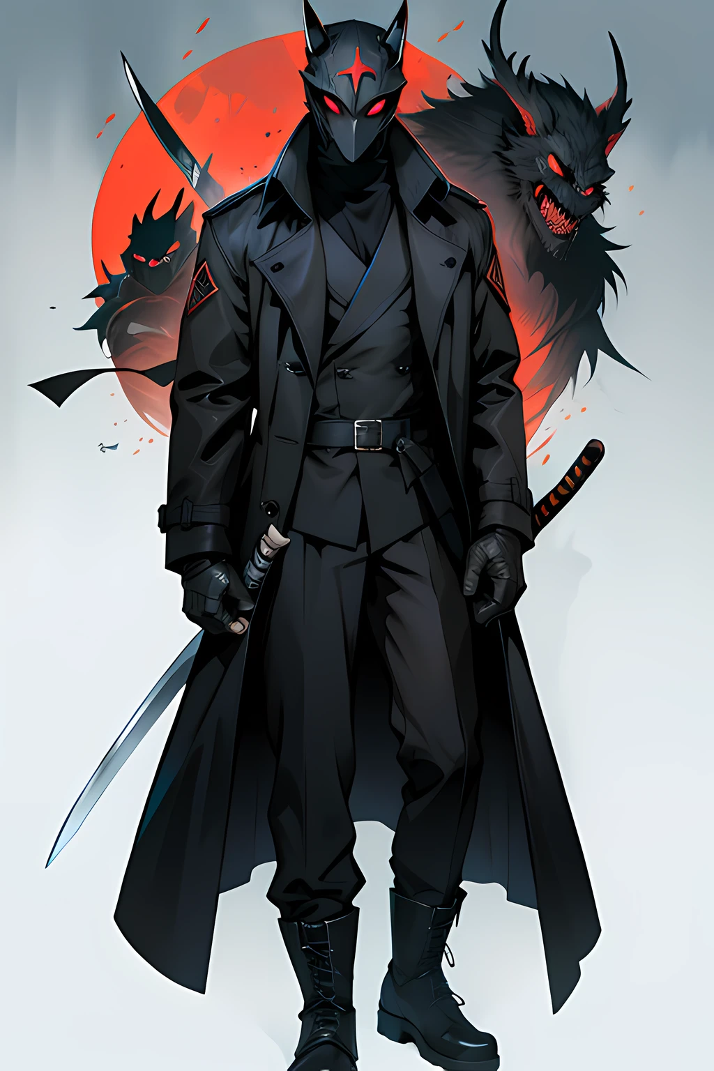 ember,Wearing a large black trench coat,Suit pants,Feet wear boots,Hold a katana,Wearing a monster mask