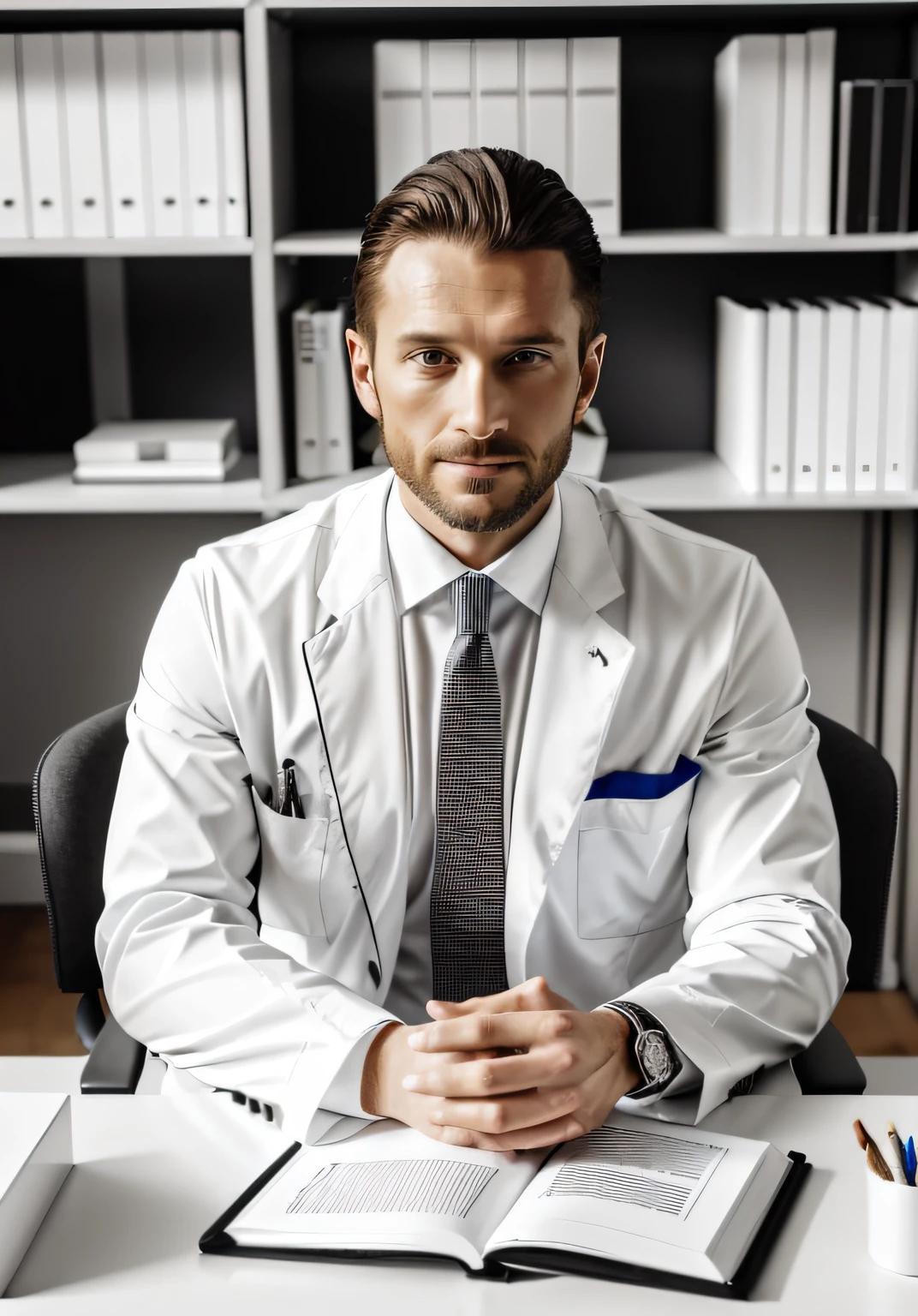 german 40 years old man in white suit and tie sitting at a table, photo of a man, sitting at desk, wearing a doctor suit, corporate photo, handsome man, professional portrait hd, wearing doctors white suit, sitting at a desk, a photo of a man, handsome and attractive, professional profile photo, attractive man, sitting behind desk