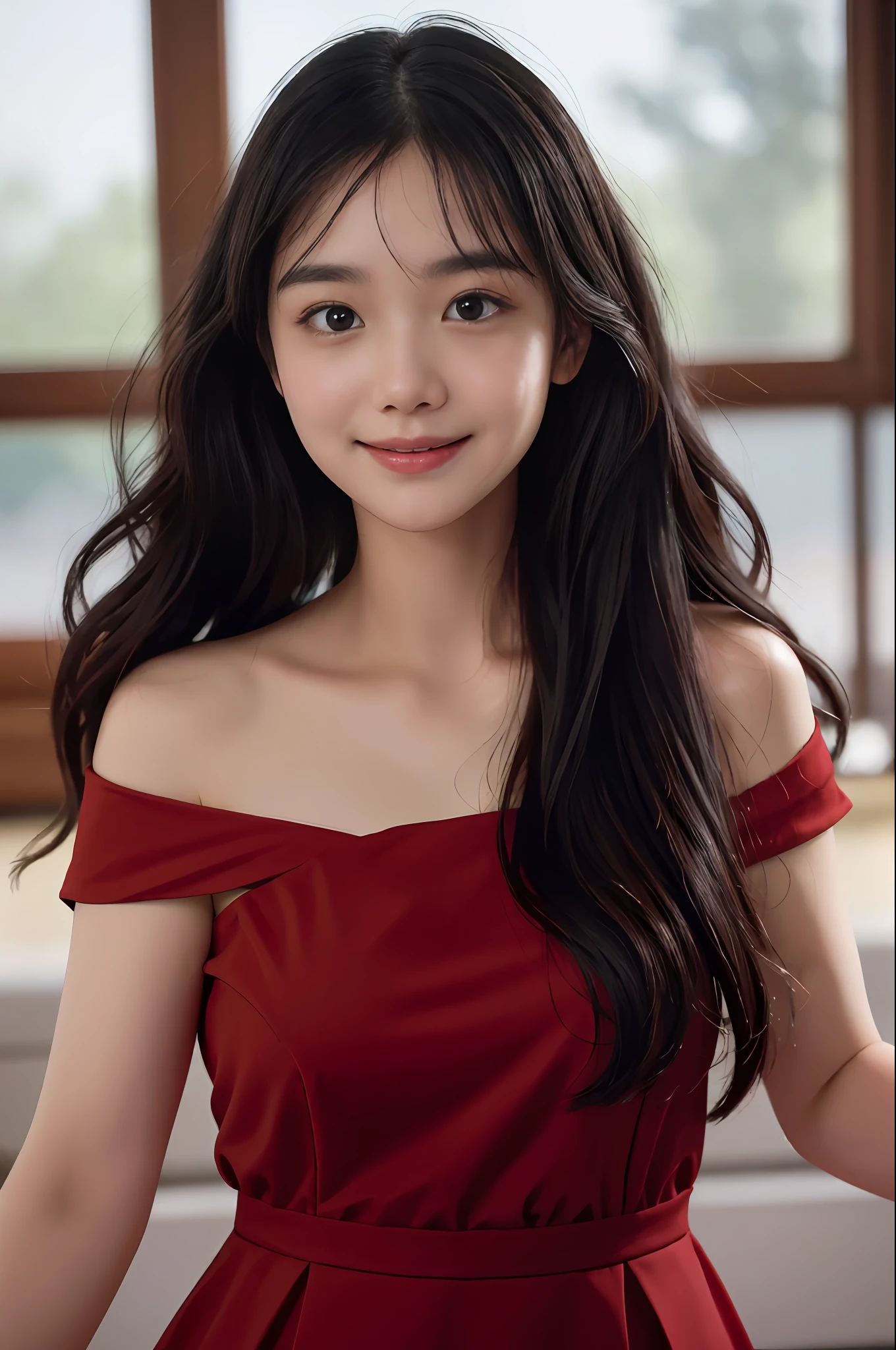film portrait photography, 1girl, bare shoulders, wavy shoulder-length hair (realistic detailed eyes, natural skin texture, realistic face details), soft dramatic lighting, depth of field, bokeh, vibrant details, finely detailed, hyperrealistic, 35mm film, hazy blur, filmg,happy smile, dancing, wearing a red black university uniform dress