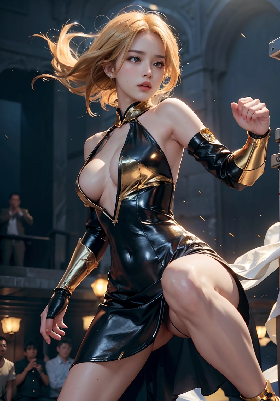 No bra , sexy dress、Golden hair、Perfect hands, Perfect fingers, Perfect fit,  Perfect face, Perfect image realism, Detailed background, detailed costume , Hyper-Realism, Photorealistic,8K, Top resolution, Highly detailed, Looking at Viewer , (Fighting stance:1.2) , dynamic post , Cinematic lighting, Perfect View、Kick up towards the screen、Bewitching behavior、Shame、