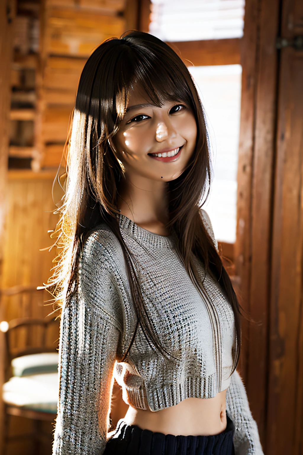 (8k, RAW photo, best quality, masterpiece:1.2), (realistic, photo-realistic:1.37), ultra-detailed, ultra high res,1 girl,looking at viewer,beautiful detailed face,smile,narrow,(slim waist:1.3),shirt, beautiful detailed skin, skin texture, floating hair,professional lighting,