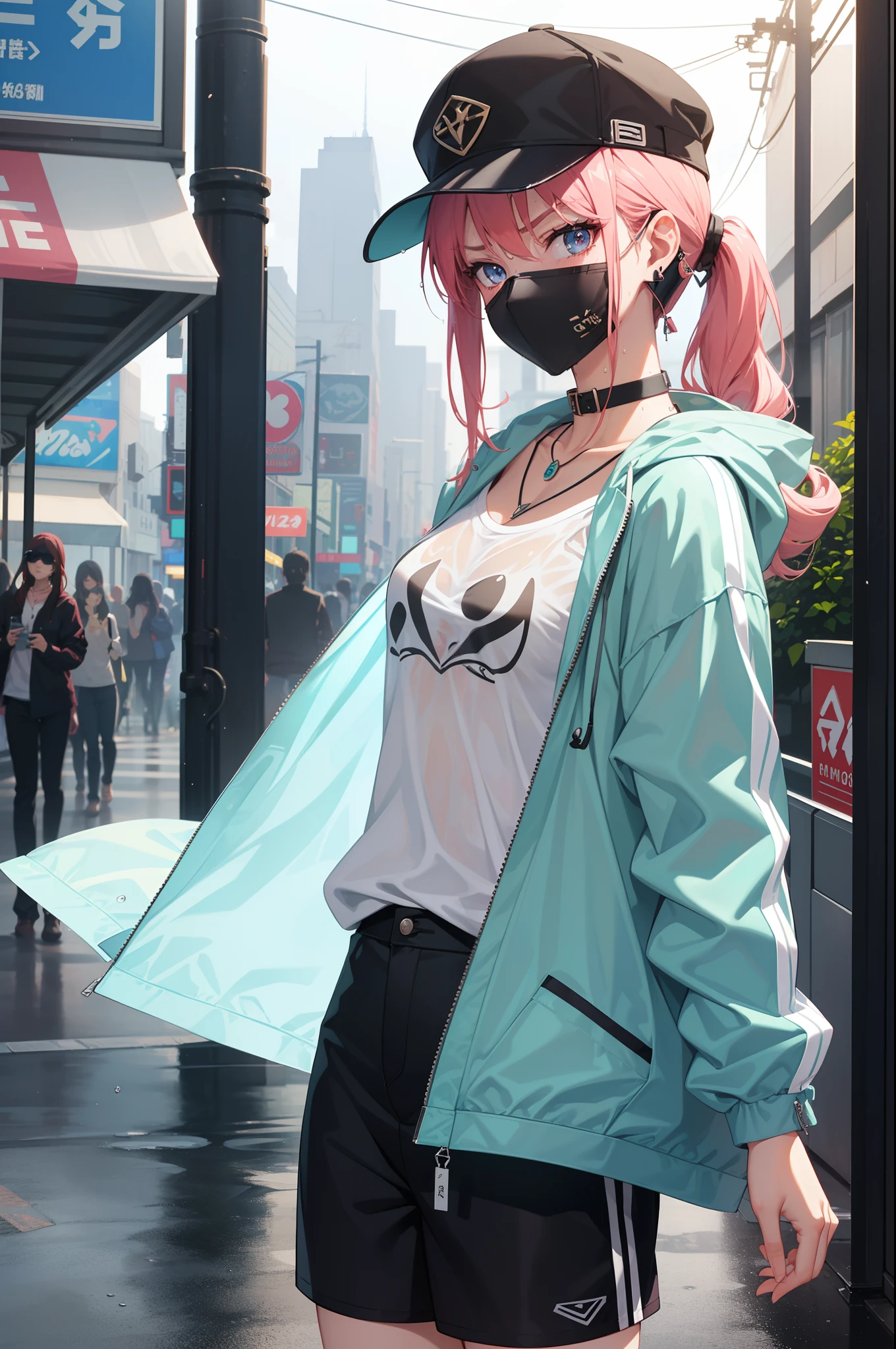 female gamer, ((wet white shirt, fashion wind breaker, hot pants, sunglasses, earring, necklace, blet, face mask, earphone, cap, collar)), (idol charming aura, blur effect, bubble effect, black glowing pupil, arcade style make up, petite, blushing face, angry face), (masterpieces, extreme body detail, high resolution, original character, best anime 16k wallpaper quality), bar bar background.