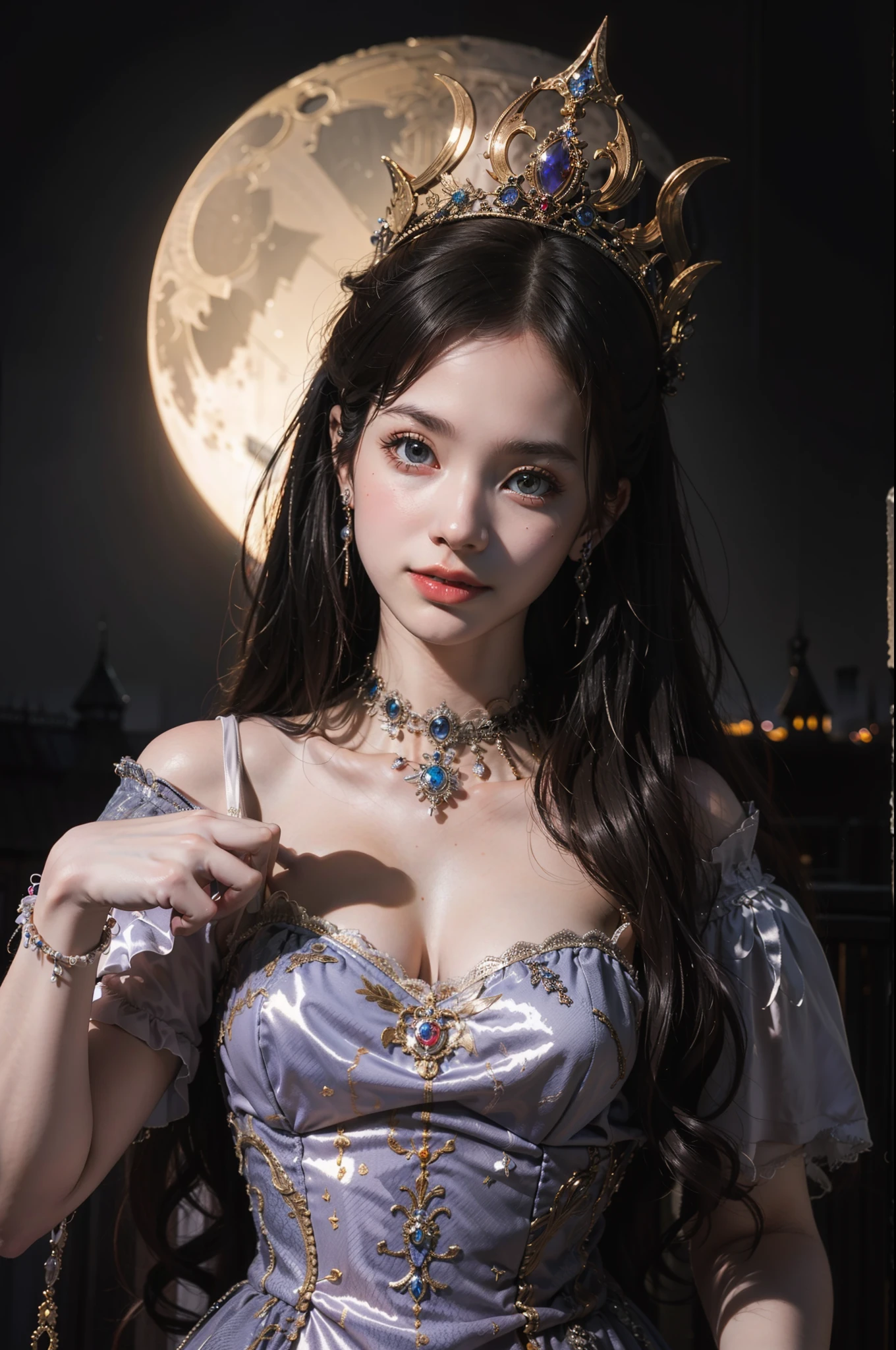 ((top-quality、​masterpiece、photographrealistic:1.4、in 8K))、1 beautiful detailed girl、extremely detailed eye and face、beatiful detailed eyes、（Princess of the Demon World in a Medieval European Style Luxury Black Dress）、Head dress、Luxury accessories、Elegant smile、（Walking outside at night、Spooky Dracula Castle in the background）、Beautiful lighting、Textured skin、Super Detail、high detailing、High quality、hight resolution、（looking at the viewers）、the bats、a moon、