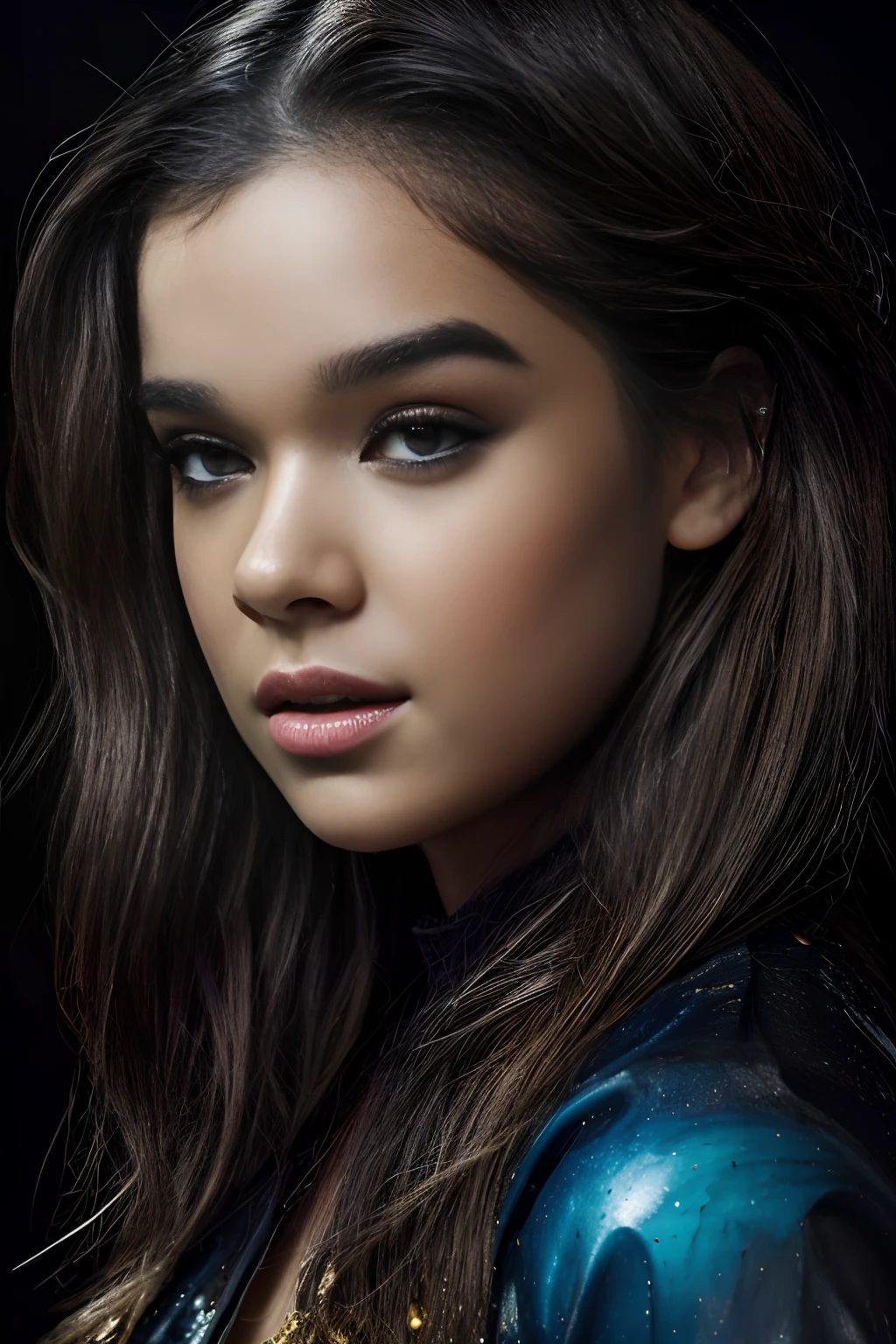 ultra detailed artistic photography, night sky, detailed gorgeous face, dreamy, glowing, backlit, glamour, glimmer, shadows, oil on canvas, brush strokes, smooth, ultra high definition, 8k, unreal engine 5, ultra sharp focus, artgerm, loish, sf, intricate artwork masterpiece, ominous, golden ratio, trending on cgsociety, intricate, epic, trending on artstation, highly detailed, vibrant, ultra high quality model Colorful beautiful woman: a woman called Hailee Steinfeld, messy blonde hair, Posing in full growth, oil painting, nice perfect face with soft skinice perfect face, blue yellow colors, light purple and violet additions, intricate detail, splash screen, 8k resolution, masterpiece, cute face, artstation digital painting smooth veryBlack ink flow: 8k resolution photorealistic masterpiece: intricately detailed fluid