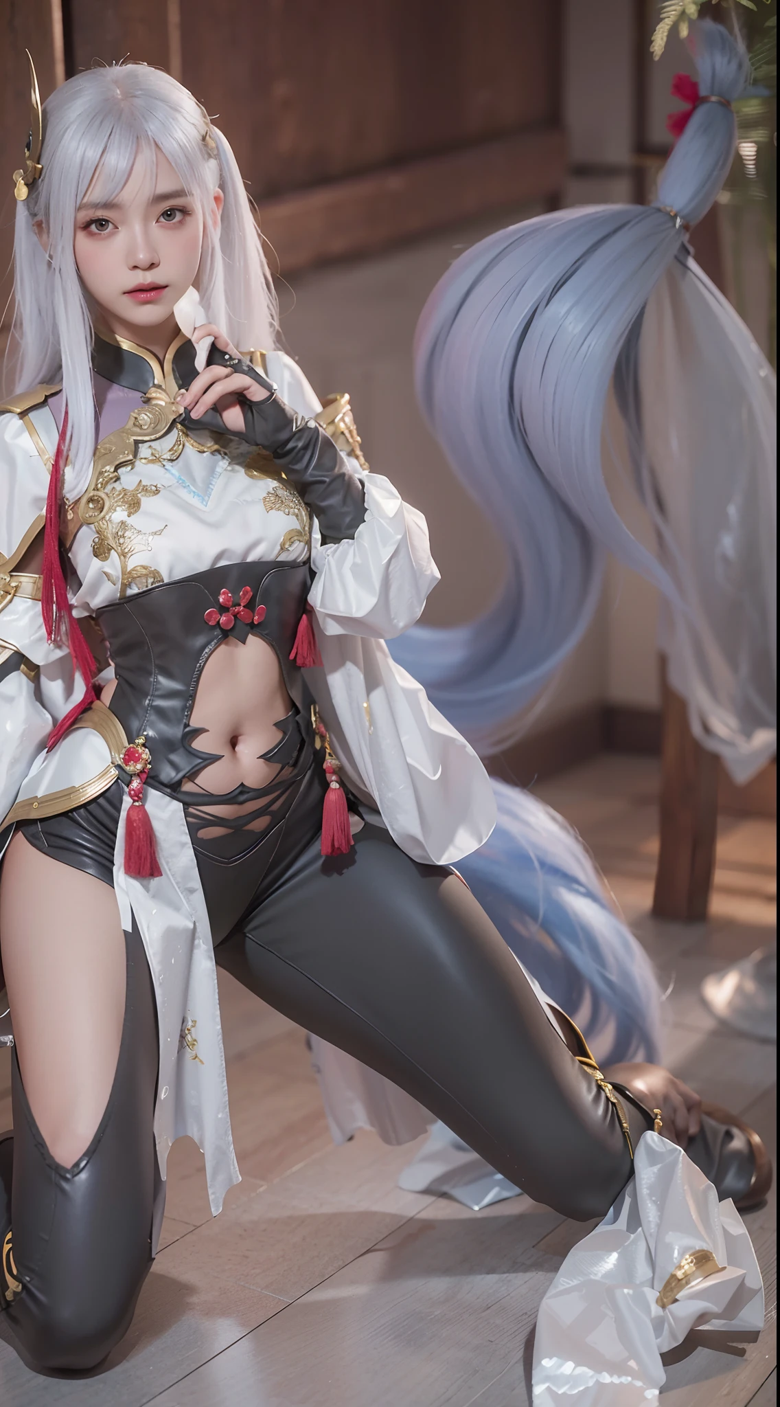 There was a woman in a costume sitting on her knees, 4 K detail fantasy, WLOP and Sakimichan, wlop and krenz cushart, 8k octae render photo, 8 k detail, 8k detail, Keqing from Genshin Impact, trending on cgstation, wlop glossy skin, Inspired by WLOP