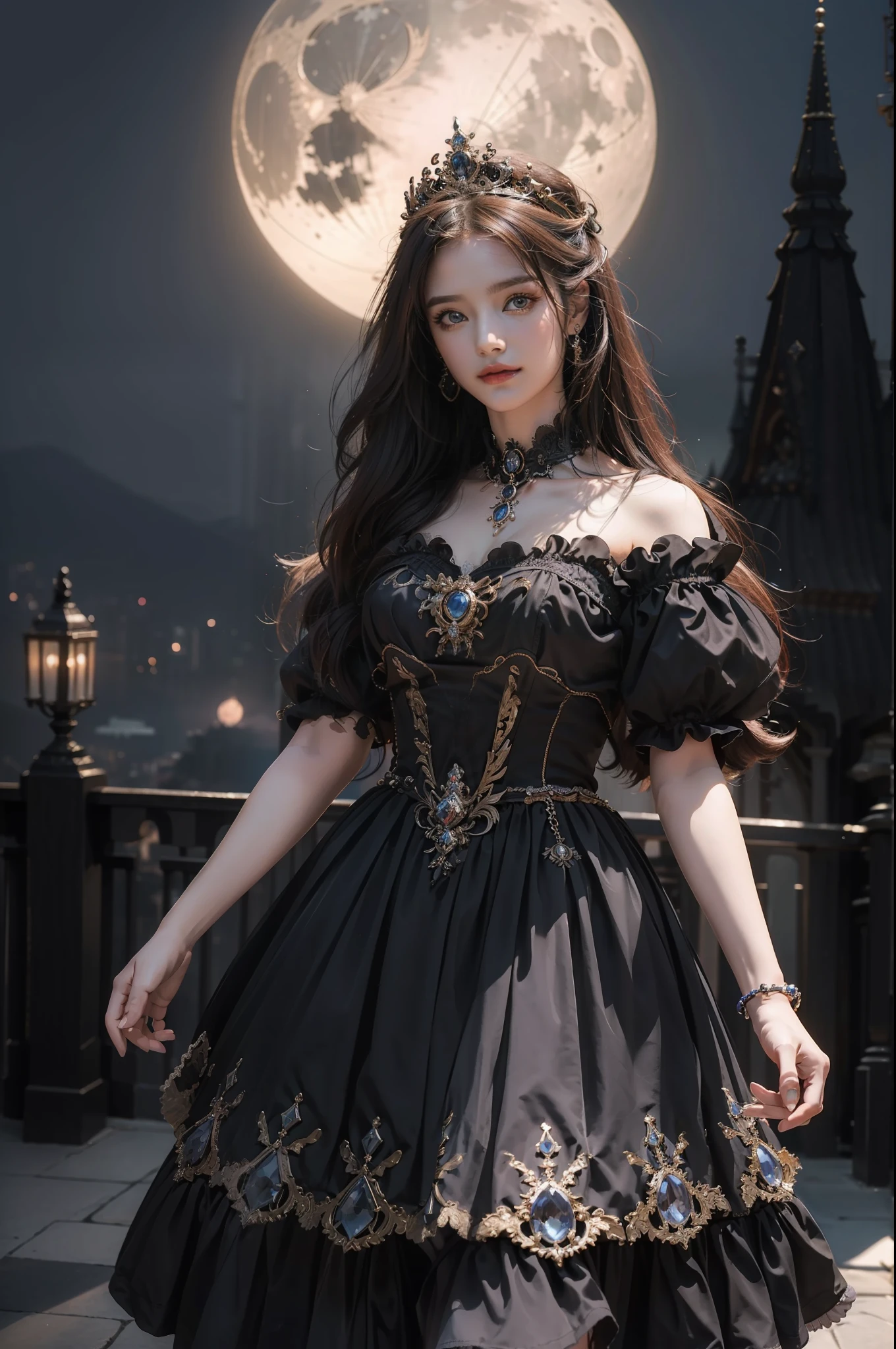 ((top-quality、​masterpiece、photographrealistic:1.4、in 8K))、1 beautiful detailed girl、extremely detailed eye and face、beatiful detailed eyes、（Princess of the Demon World in a Medieval European Style Luxury Black Dress）、Head dress、Luxury accessories、Elegant smile、（Walking outside at night、Spooky Dracula Castle in the background）、Beautiful lighting、Textured skin、Super Detail、high detailing、High quality、hight resolution、（looking at the viewers）、the bats、a moon、