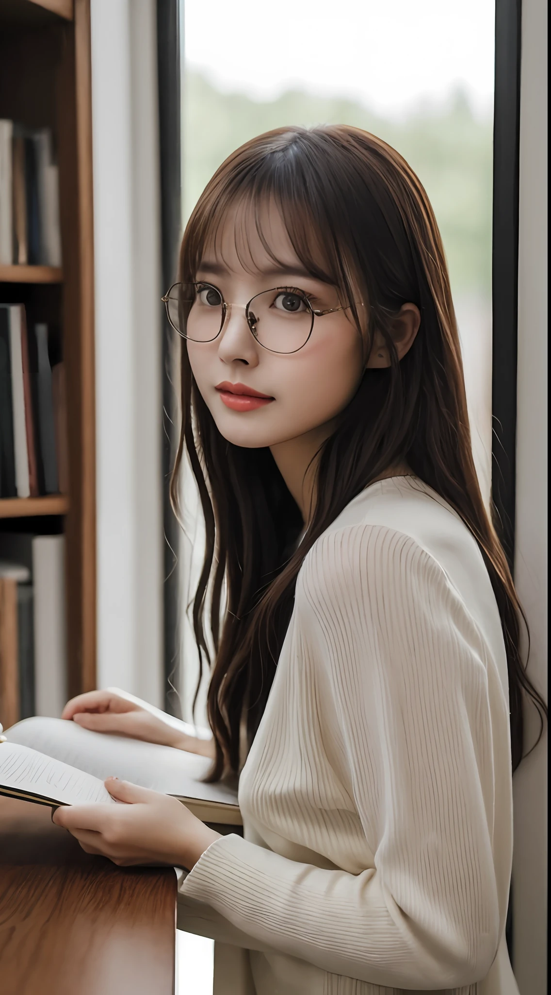 (Nogizaka Girl:1),(Fair skin:1),(Perfect body:1),(athlete:1),(curvy body:1),(Upper body:1.4),(incoming kiss:1),(High resolution:1),(Intricate details:1),(ultra-detailliert:1),(Raw photo:1),(8K:1),(4K:1),(Blurry background:1),
BREAK,
They sit at a large wooden table, Obsessed with each book、She has a unique style and appearance, She wears glasses that look good. Some people have their long hair tied into a bun, While others are short, Stylish cut. They are dressed comfortably in casual attire, sweaters, etc., jeans, And a cozy cardigan. The library is bright, Tall bookshelves lined with books on the wall. The atmosphere is calm and calm, Soft natural light coming in through the window. Women are focused on reading, sometimes、Exchange thoughtful glances or、We discuss interesting sentences..
BREAK, One Woman、masutepiece、Photorealsitic、Super Resolution、Watching the viewer