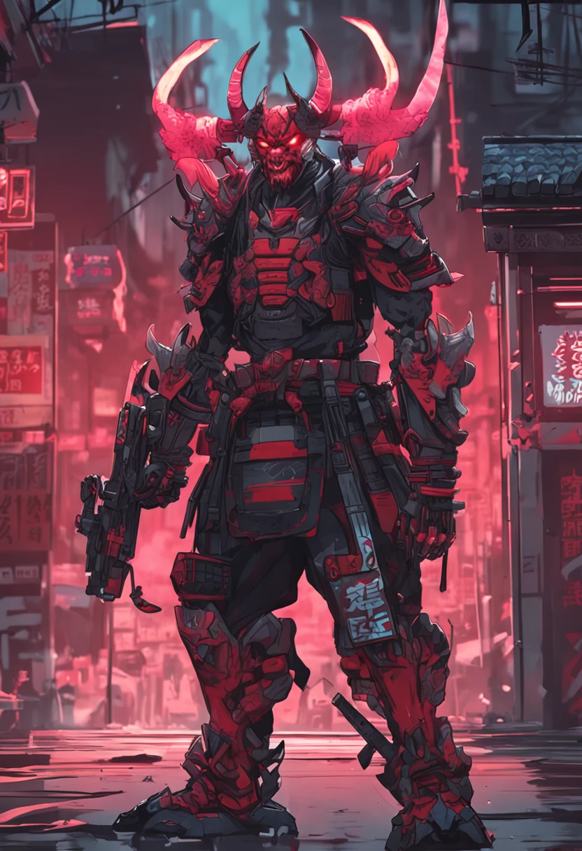 sky, cloud, holding_weapon, no_humans, glowing, , robot, building, glowing_eyes, mecha, science_fiction, city, realistic,mecha, a close up of a cartoon character with a demon face, demon samurai, villain wearing a red oni mask, demon samurai warrior, samurai with demon mask, oni horns, handsome guy in demon slayer art, neon samurai, handsome japanese demon boy, demon samurai mask, demon slayer artstyle, oni mask, onmyoji portrait, onmyoji detailed art, oni