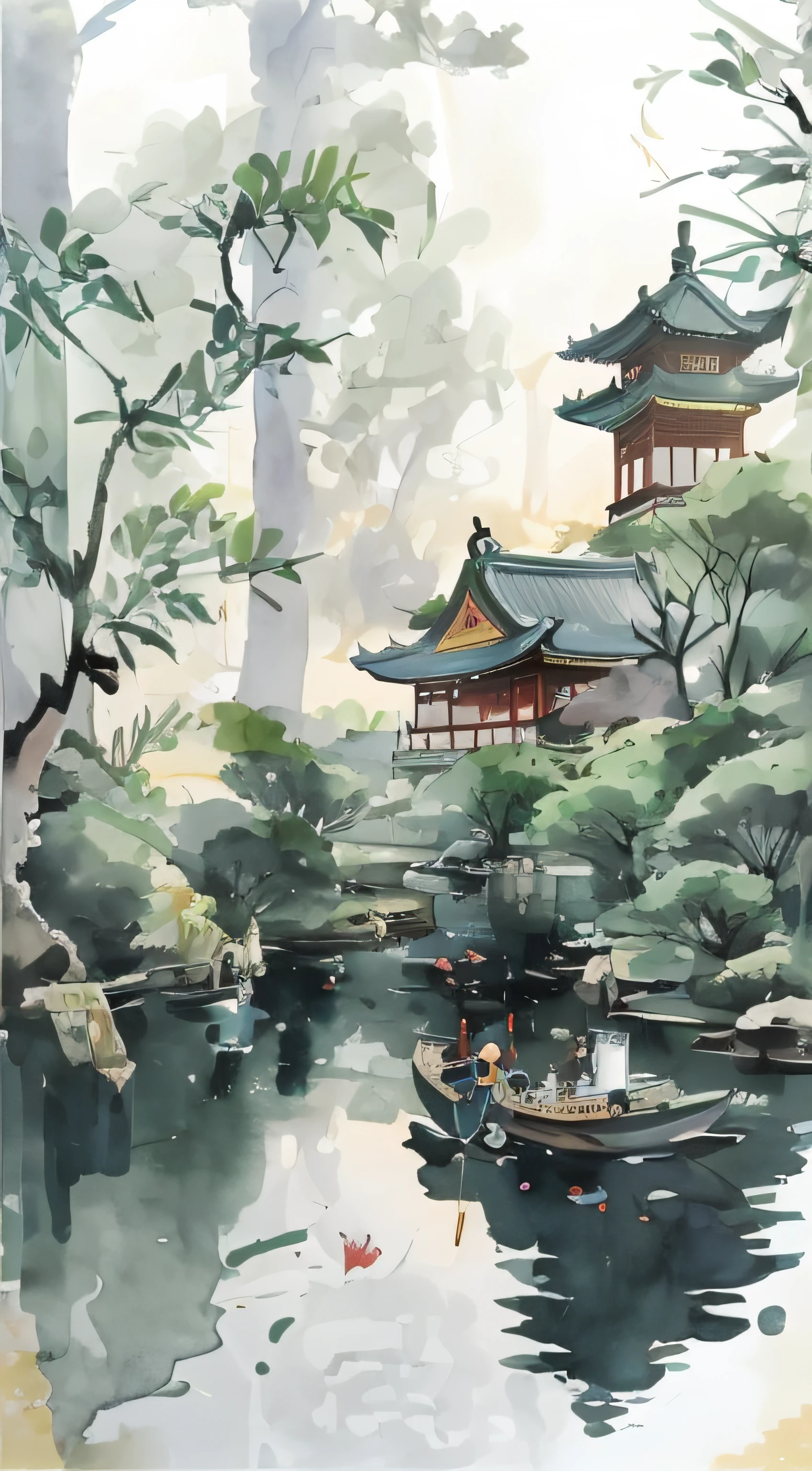 Painting of a boat in a pond，The background is a pagoda, Chinese watercolor style, Traditional Chinese watercolor, Chinese watercolor, Chinese landscape, digital painting of a pagoda, chinese water color, japan watercolour, Chinese style painting, Chinese painting style, inspired by Kim Hong-do, Traditional Chinese painting, japan watercolour, inspired by Huang Binhong, Watercolor landscape