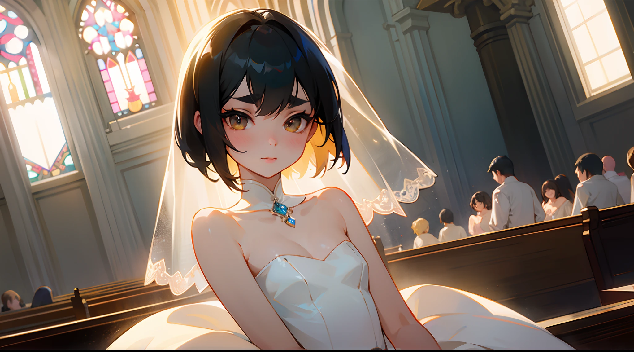 Original Characters、Volume Lighting、Best Shadows、Shallow depth of field、Portrait of an amazingly beautiful girl、Delicate beautiful attractive face with petite and seductive eyes、Woman in wedding dress in church、standingn、Sharp Eyebrows、Black Hair Shortcut Hair、Blush Eyeshadow、Shining eyes、Dark eyelashes、Slim waist、(top-quality、Superb Detail:1.25)、(独奏:1.3)、Brilliant Colorful Paintings