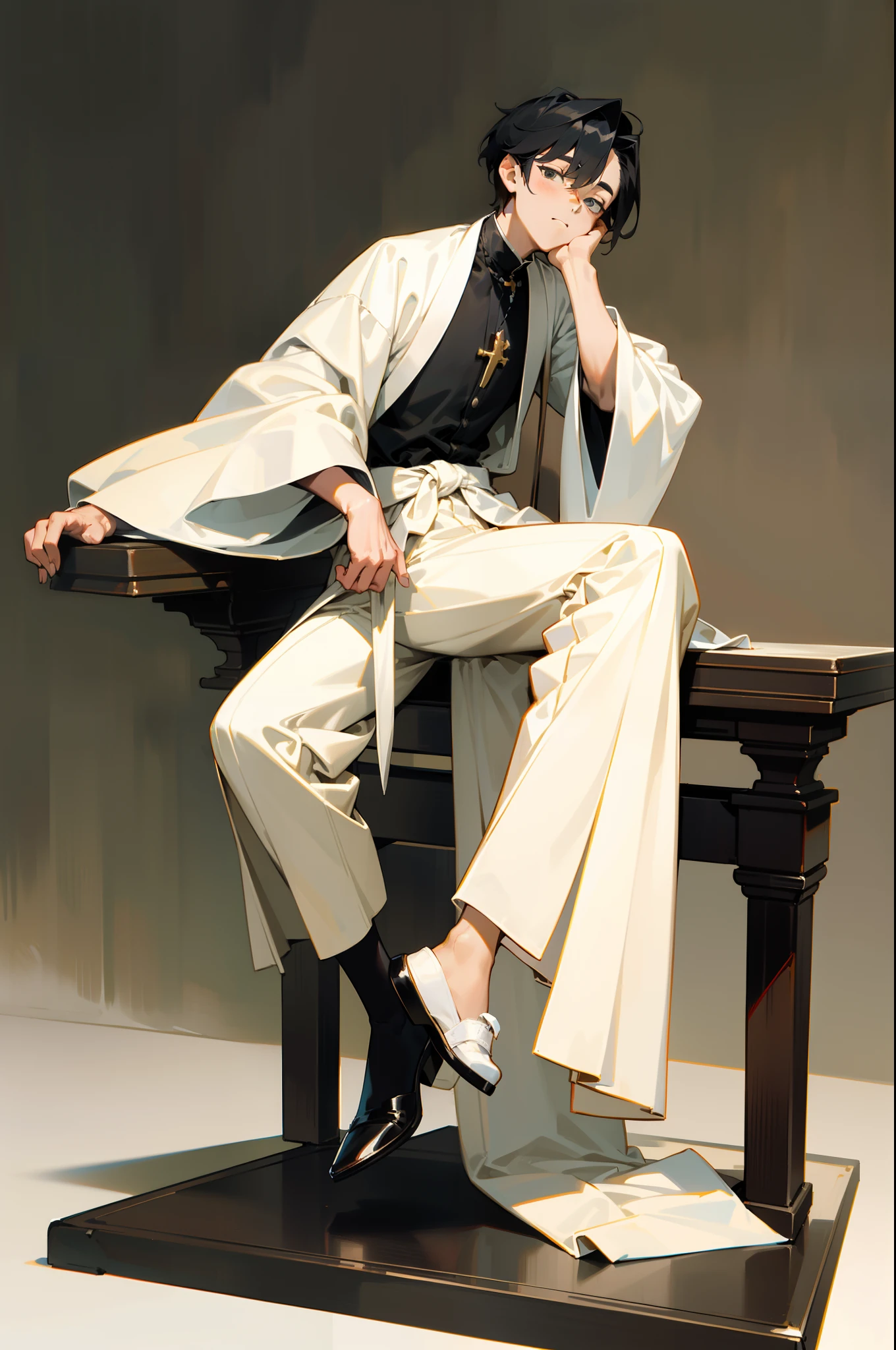 Side antique full body 1 man sitting cross-legged on the table raised holding a stone white top bathrobe loose pleated trousers white antique wide sleeves black loose pleated trousers black cloth shoes