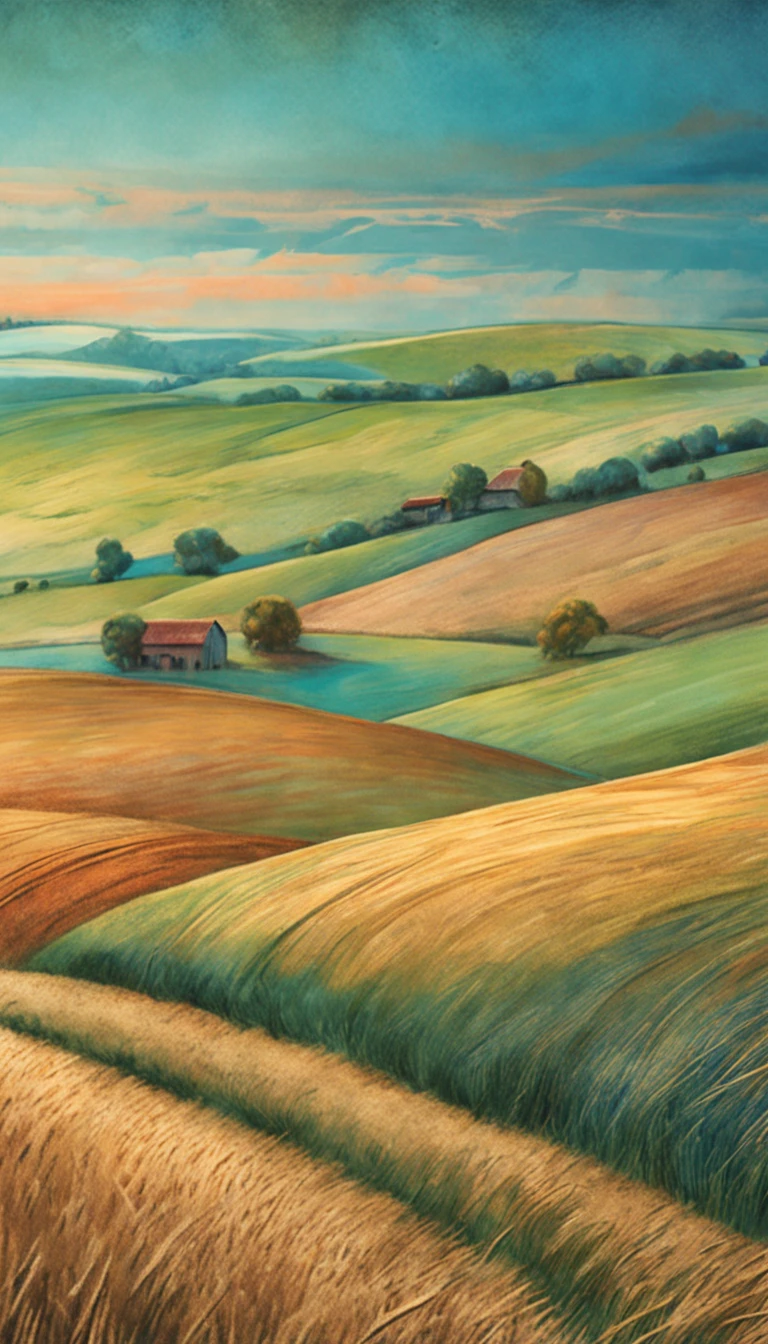 pastel artwork of rolling hills, wheat, rural farmland, blue sky, rich textures
