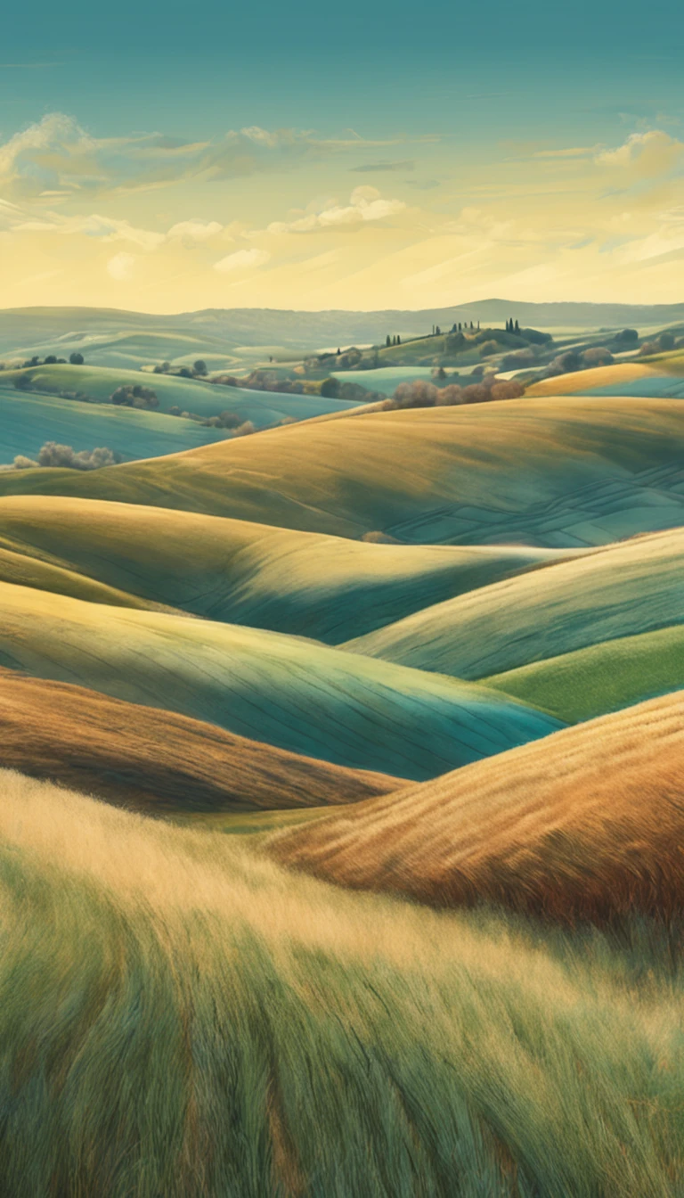 pastel artwork of rolling hills, wheat, rural farmland, blue sky, rich textures