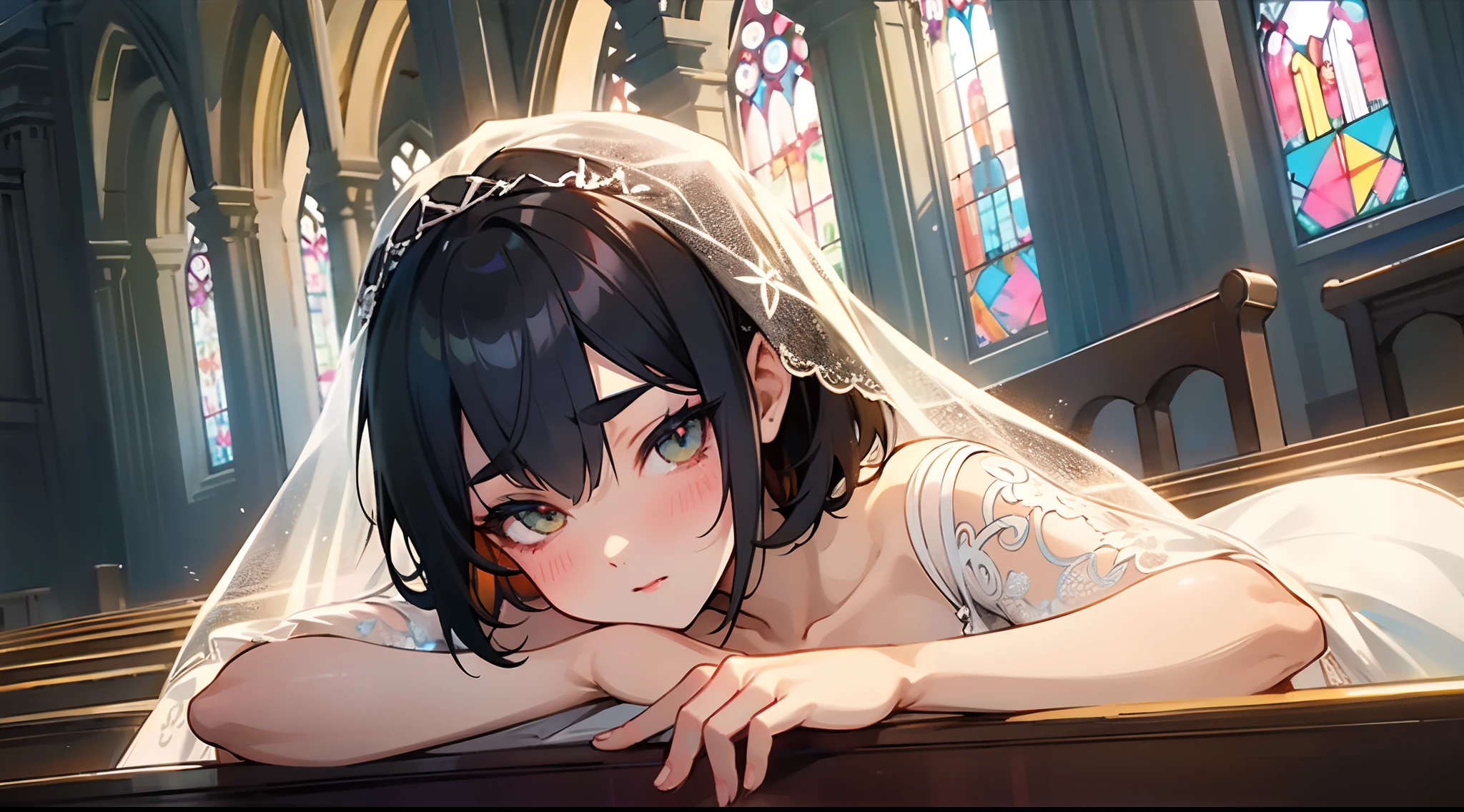 Original Characters、Volume Lighting、Best Shadows、Shallow depth of field、Portrait of an amazingly beautiful girl、Delicate beautiful attractive face with petite and seductive eyes、Woman in wedding dress in church、standingn、Sharp Eyebrows、Black Hair Shortcut Hair、Blush Eyeshadow、Shining eyes、Dark eyelashes、Slim waist、(top-quality、Superb Detail:1.25)、(独奏:1.3)、Brilliant Colorful Paintings