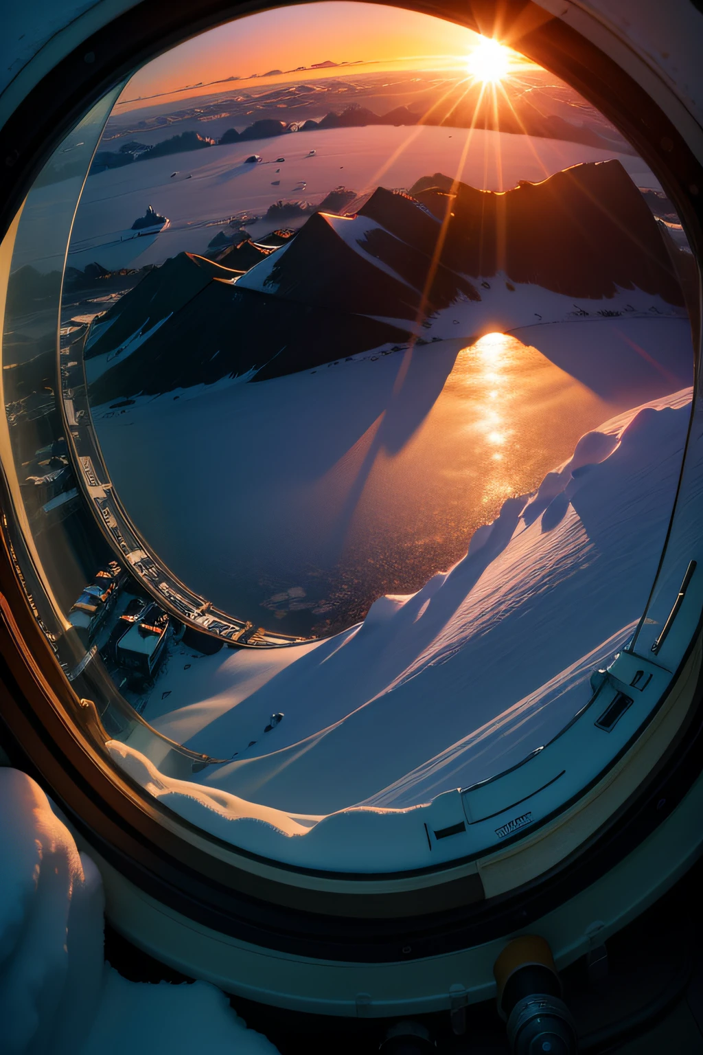 From the porthole of the plane, you can look out at the snow under the setting sun