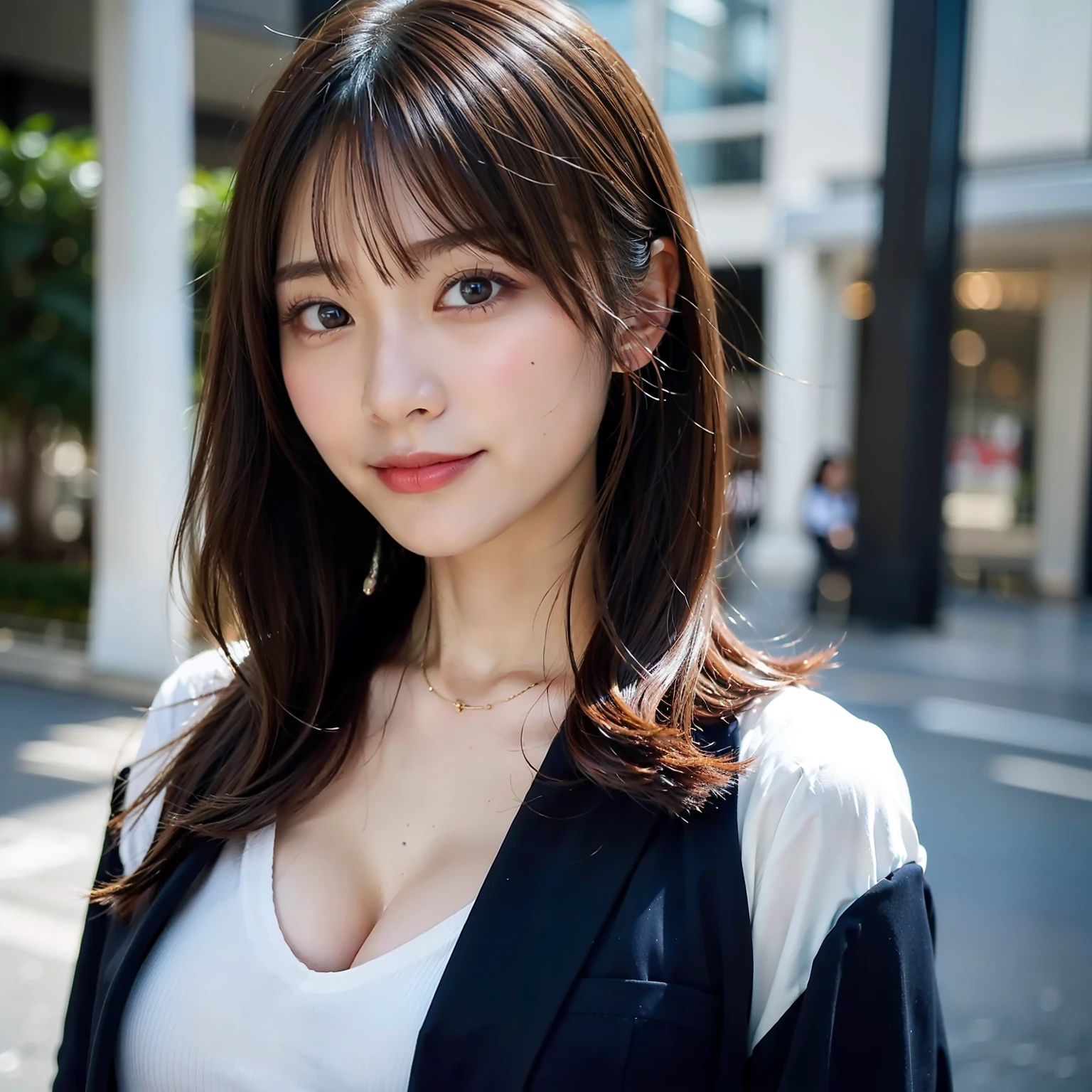 Beautiful black eyes、dual、natural skin textures:1.8, realistic eyes and face details:1.7、middlebreasts、in 8K,Best Quality:1.4, 超A high resolution:1.5, (Photorealistic:1.4),masterpiece:1.2,(top-quality:1.4)、 Raw photo、 (the background is blurred), 1日本人の女の子, Cute, (Solo:1.4), (Shy smile), Smooth skin、 (Brown medium hair,Bangs),nogizaka,Beautiful body, medium breasts, Breast cleavage, Navy Business Suit,Office, Secretary, White T-shirt, ID Card Holder, ID Badge Holder,president’s office