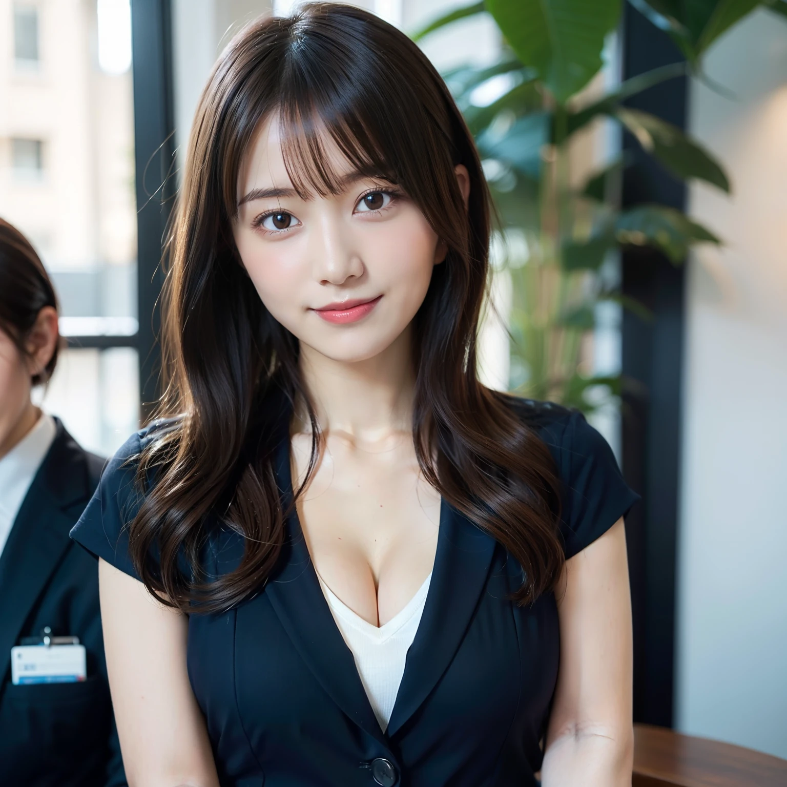 Beautiful black eyes、dual、natural skin textures:1.8, realistic eyes and face details:1.7、middlebreasts、in 8K,Best Quality:1.4, 超A high resolution:1.5, (Photorealistic:1.4),​masterpiece:1.2,(top-quality:1.4)、 Raw photo、 (the background is blurred), 1日本人の女の子, Cute, (Solo:1.4), (Shy smile), Smooth skin、 (Brown medium hair,Bangs),nogizaka,Beautiful body, medium breasts, Breast cleavage, Navy Business Suit,Office, Secretary, White T-shirt, ID Card Holder, ID Badge Holder,president’s office