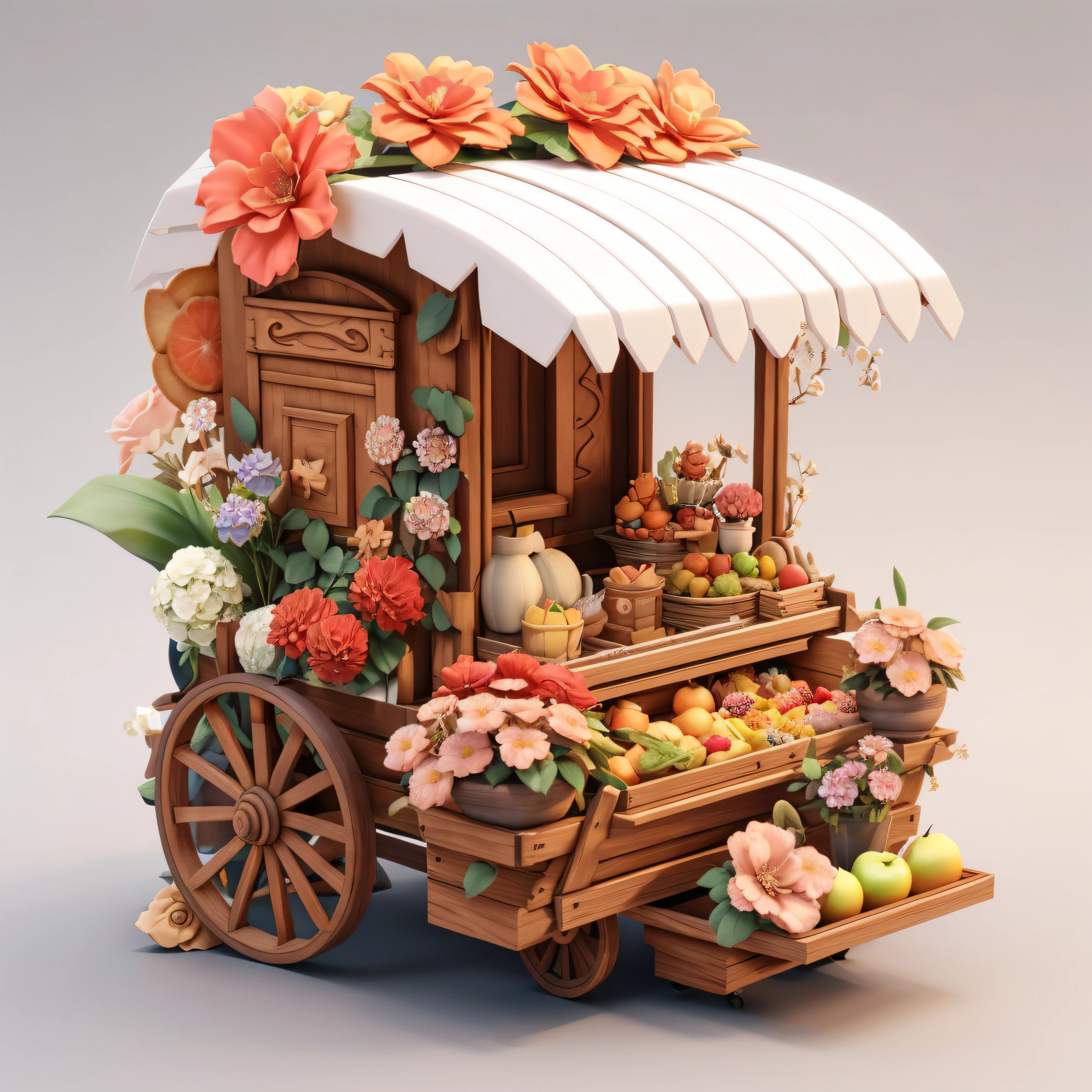 There was a small wooden cart，It has flowers and fruits, 3 d render stylized, stylized 3d render, cute 3 d render, Stylized 3 D, 3 D 插图, 3D illustration, stylized as a 3d render, trending on polycount, 3 d clay render, 3d clay render, 3 d illutration