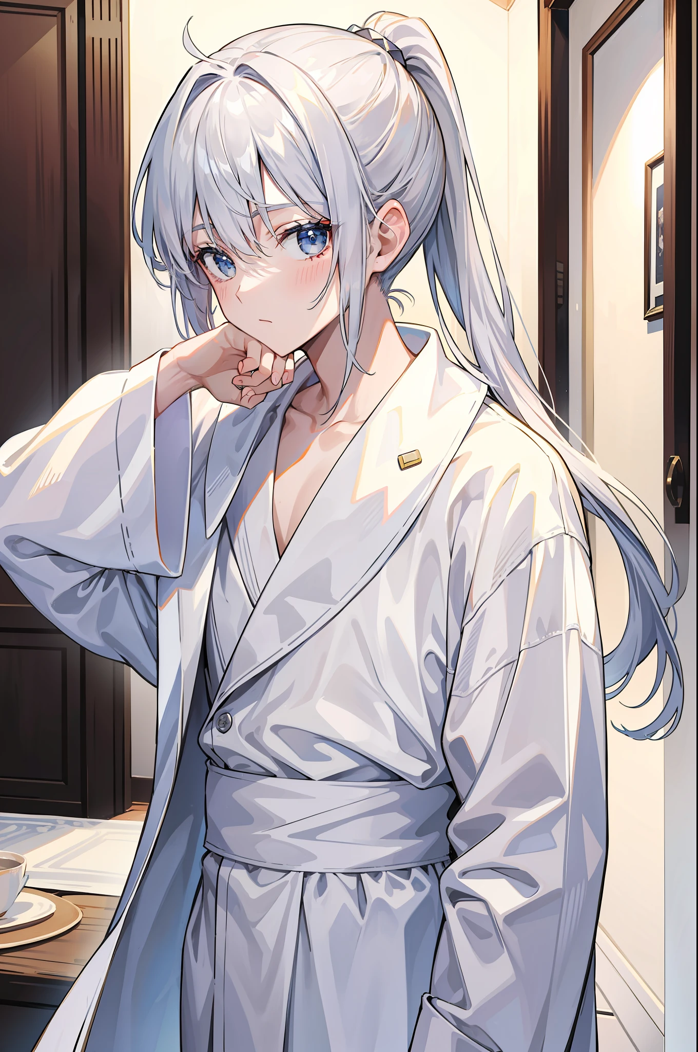 The man is antique all over the white bathrobe, silver hair and high ponytail