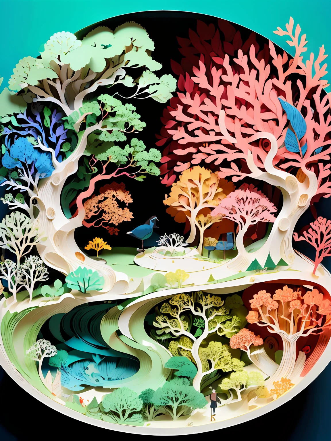 (((masutepiece))),Best Quality, Illustration, Forest trail, paper_cut,