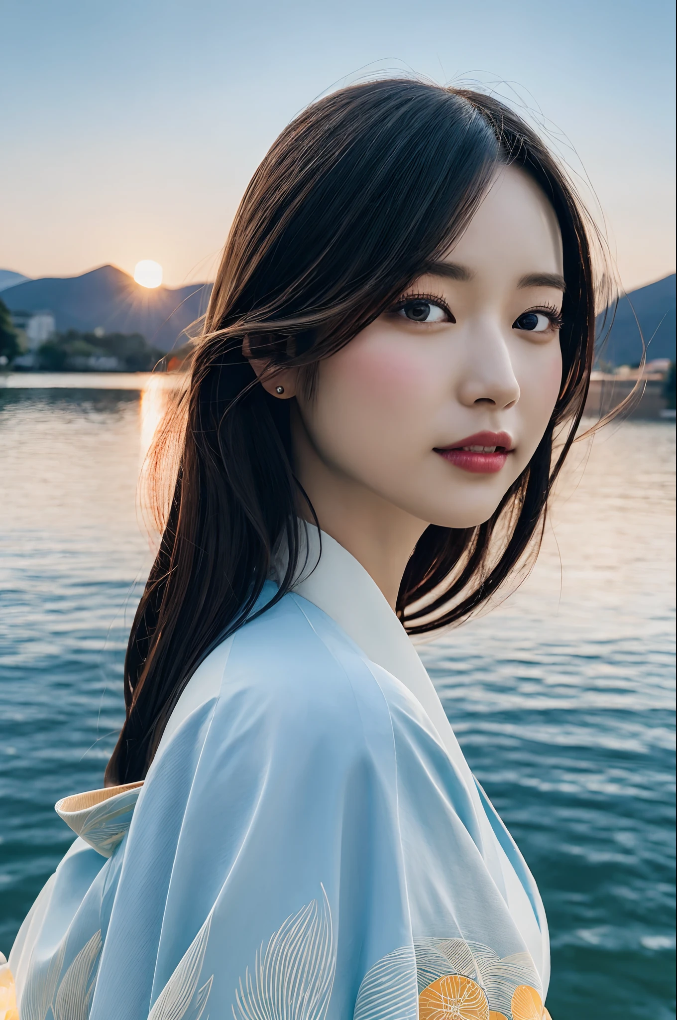 (Japanese:1.4), Beautiful face, Very detailed face, Very detailed eyes, Perfect eyes, Perfect lips, oil on matte canvas, (Solo: 1.55), (A woman in a kimono stands in front of an open doorway), (Calm lake and boats on the water, Mountain view in the background), (Sunset), (detailed matte painting), (Ancient Japan Murasho), Hanfu:0.5, sharp detailed, Complex and very detailed, plethora of colors, smooth, Sharp focus, illustration, Epic, 5, 16k, (Photorealistic:1.37), Kstyle, (2D:1.3),