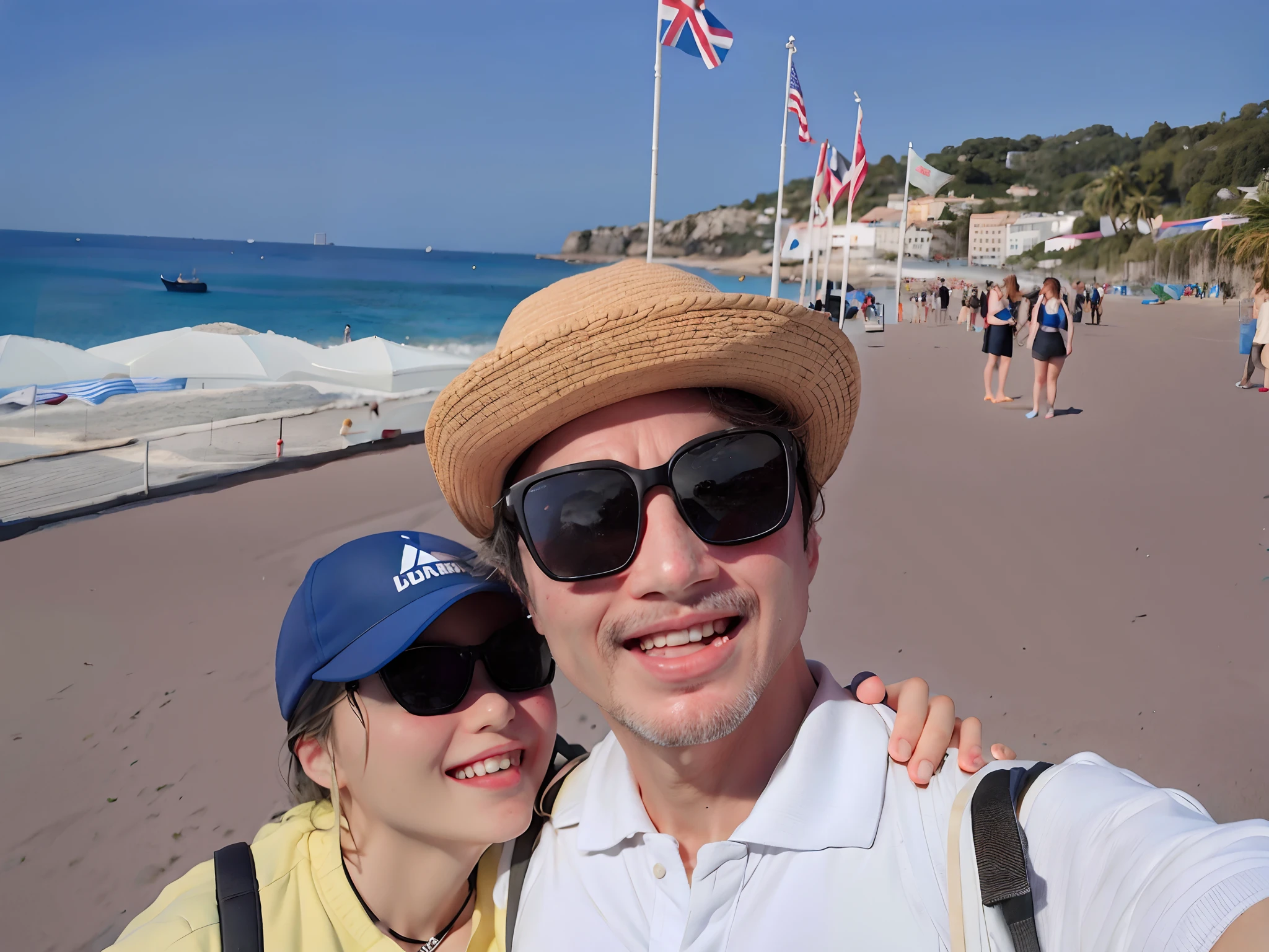 They take a selfie together on the beach with flags flying in the background, photo de vacances, Voyager en france, Standing by the beach, beau temps, Photo prise en 2 0 2 0, United States-seven. 20, sunny day, Image de profil, ocean in the background, Tourists in the background, 🤬 🤮 💕 🎀, Photo de profil, au bord de la mer