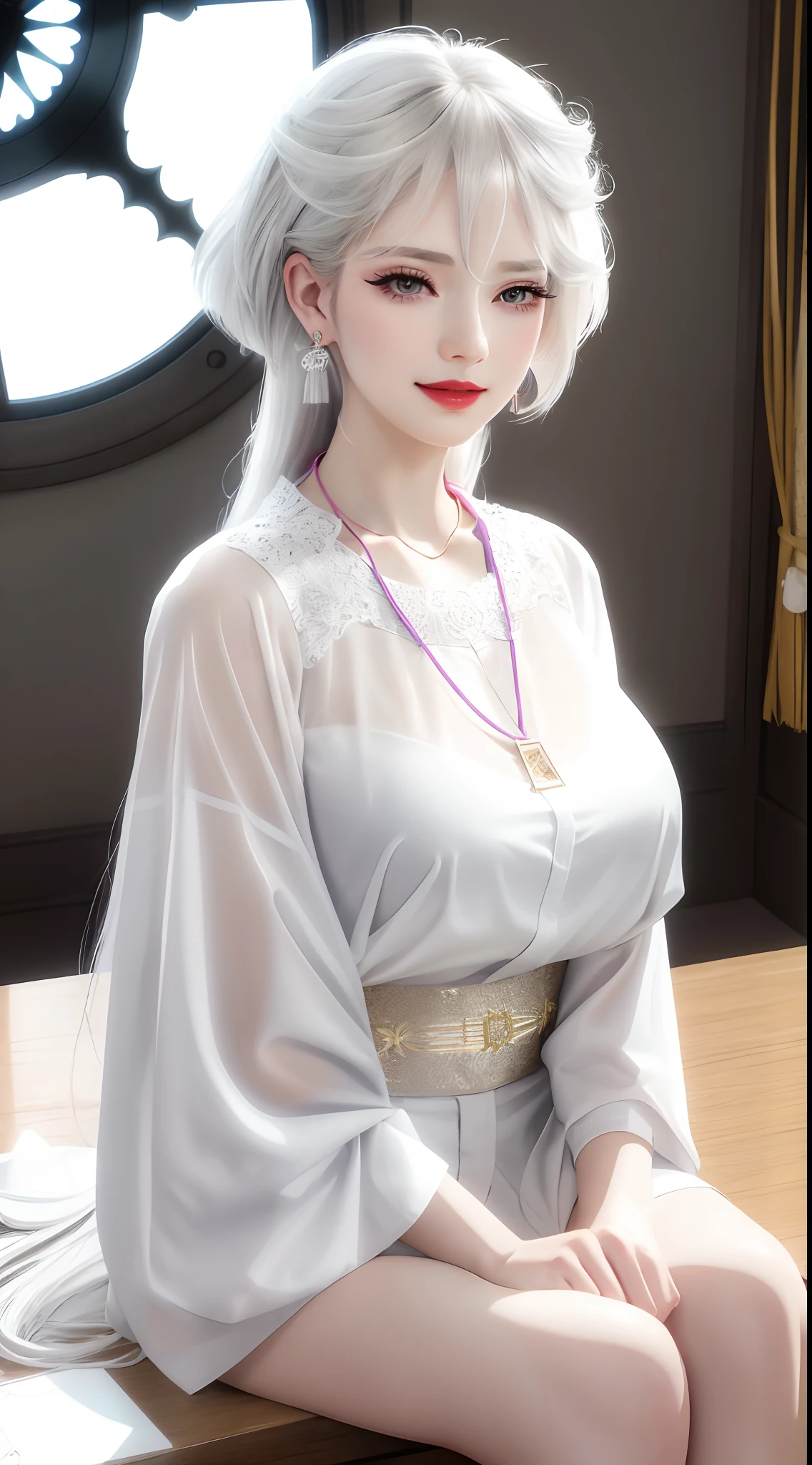 sitting the desk, aroused, necklace, Earrings, full bodyesbian, Long white hair, White kimono, masterful, hyper HD, RAW photo, Realism: 1.25), (bright lip gloss, Long eyelashes, Smooth face , Bright Skin, naturalshadow, Wide light, Wide light, Depth of field, strong colors, subtle caustics: 0.8), Smile, (Big tits), v6