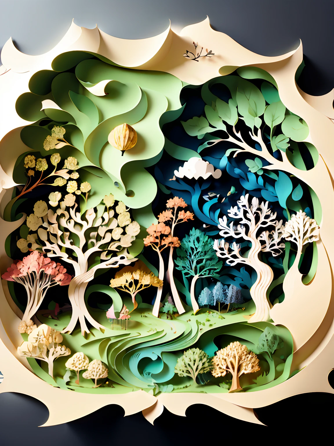 (((masutepiece))),Best Quality, Illustration, Forest trail, paper_cut,