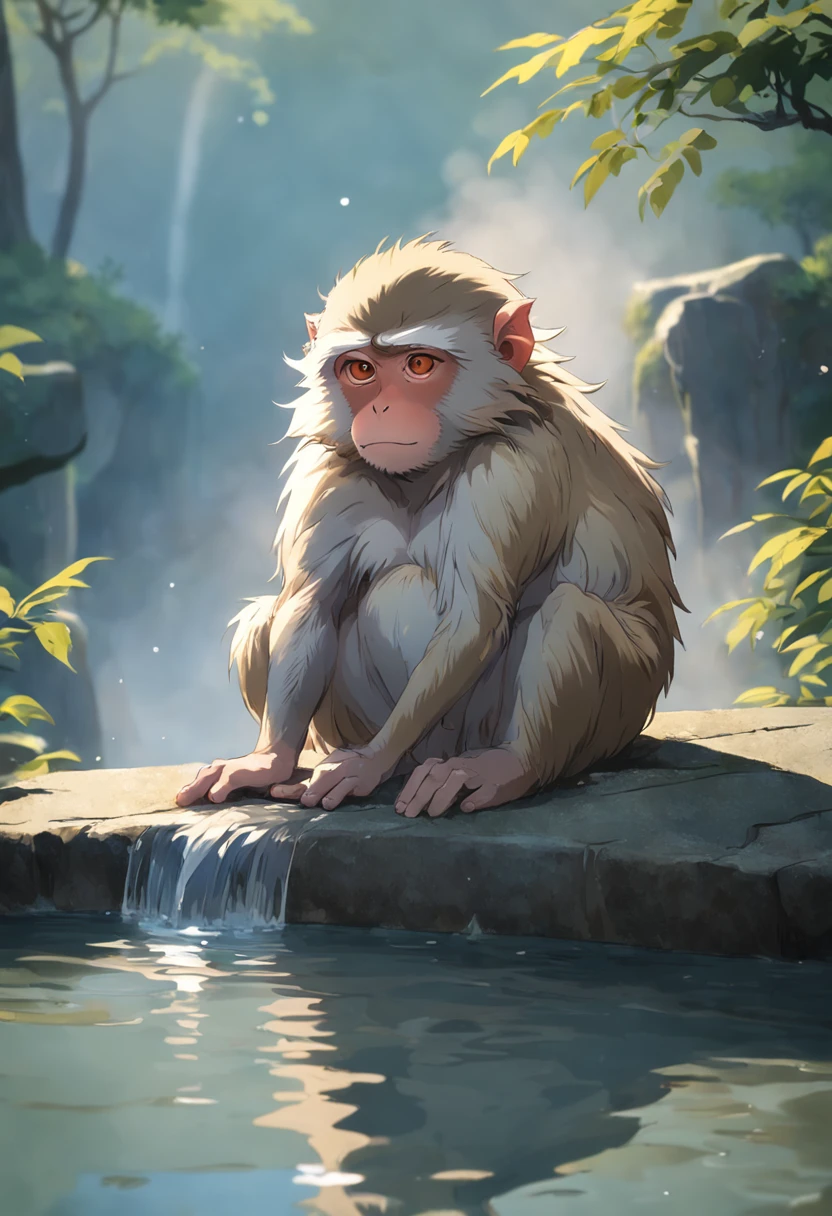 In a natural open-air bath, a Japanese macaque lounges leisurely, soaking in the warm spring water. It leans against the bath's edge, gazing at the surroundings. Its fur is soft and fluffy, seemingly merging with the rising steam. Occasionally, it interacts with fellow macaques, creating an image of serene enjoyment.
BREAK
The macaque's presence seamlessly blends with the steam as it immerses itself in the hot spring water.