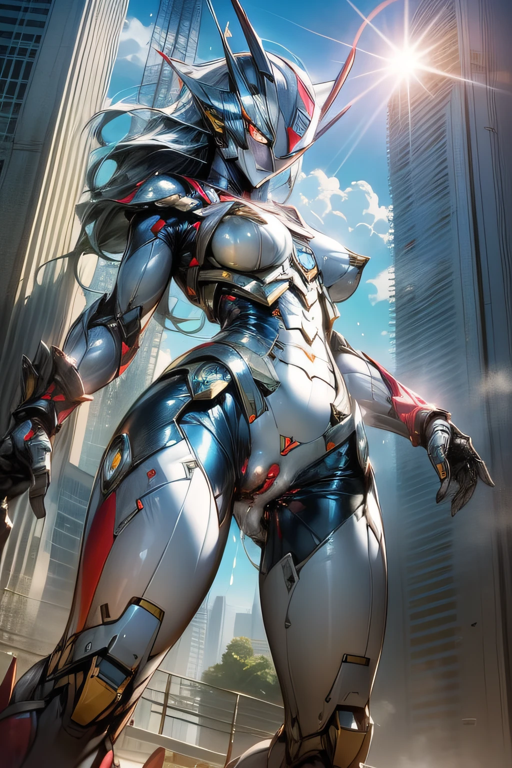 （masterpiece、8K、Ultra-delicate、hight resolution），(((Female Ultraman)))，(((No muscles，large Boob)))，(her head is tapering,The body is made of red and silver，blue armor,The arms present a streamlined design，On the chest there is a round calculator，Looks tall and thin，The overall shape is streamlined、Modern)，posed for photo，high-angle，city ruins，backgroung details，（（（full body Esbian））），独奏，(((Huge feeling))),NSFW,Cameltoe,(Dynamic victory Pose:1.2),from below,groin focus,the morning sun,(Erect clitoris:1.3),((Open pussy:1.5)),(wet pussy:1.1),(long silver hair:1.1),red blush,smile