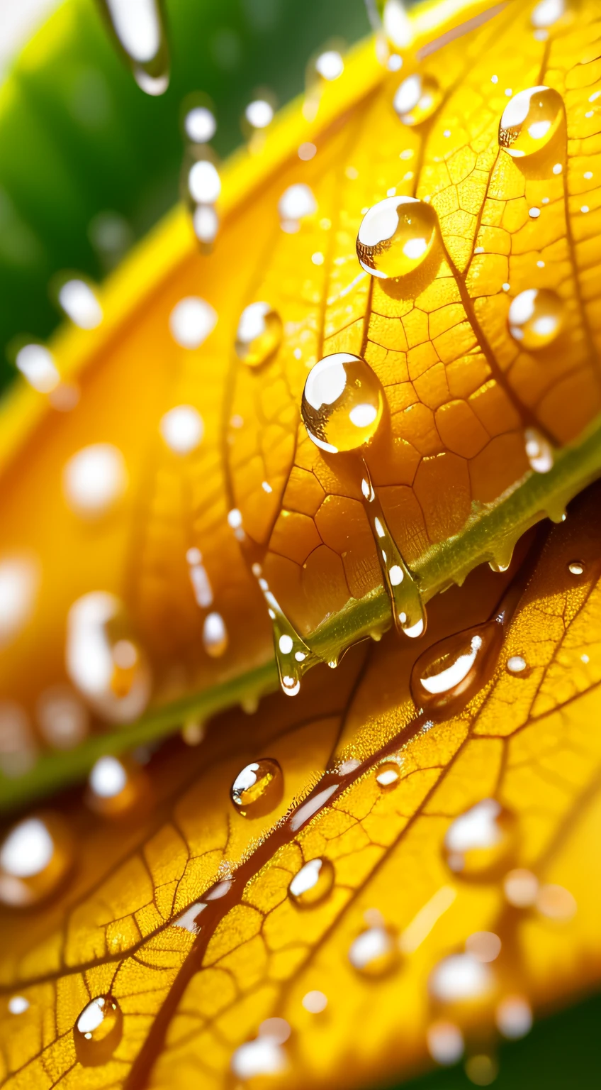 There is a yellow leaf, There are water droplets on it, sprinkles of rain, Water droplets, hd macro photographs, macro photography 8k, The drops, droplets, drippy, detailed droplets, beautiful macro close-up imagery, macro photography, beautiful macro photography, 4K, macro photography 25mm