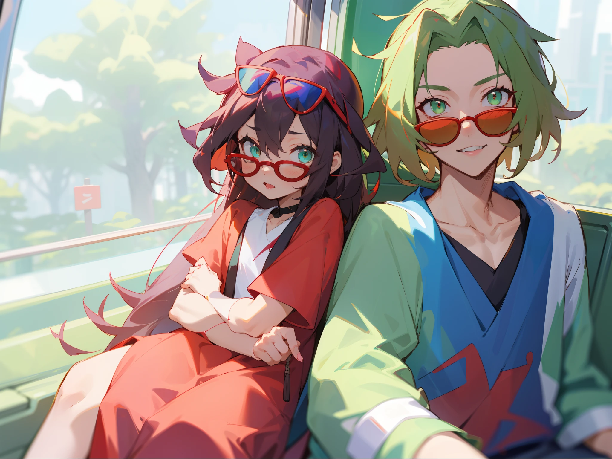 there are two people that are sitting together on a bus, with her long, with ivy, ruan jia and brom, with sunglass, wearing red tainted glasses, with a kid, with wart, vacation photo, selfie photo, ruan jia and fenghua zhong, with godray, momma and papa, singapore ( 2 0 1 8 )