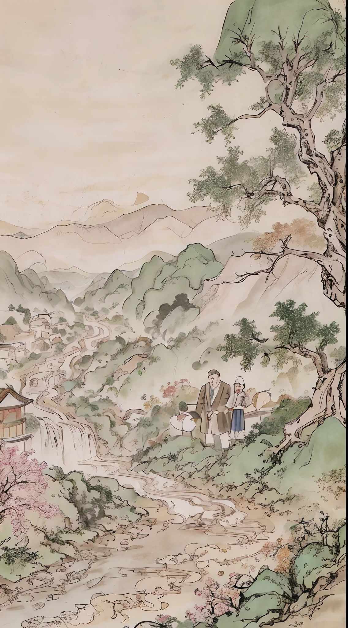 chinese paintings， mont， Rochas， blossoms， grassy，Small rivers， the trees，mountain in the distance，Three people，Two old men，a young man and a woman，Opposite is a young man，Carrying a bag of rice on his back ，vanishing point， 35mm， UHD， tmasterpiece， ccurate， high detal， Award-Awarded， best qualtiy， 4K